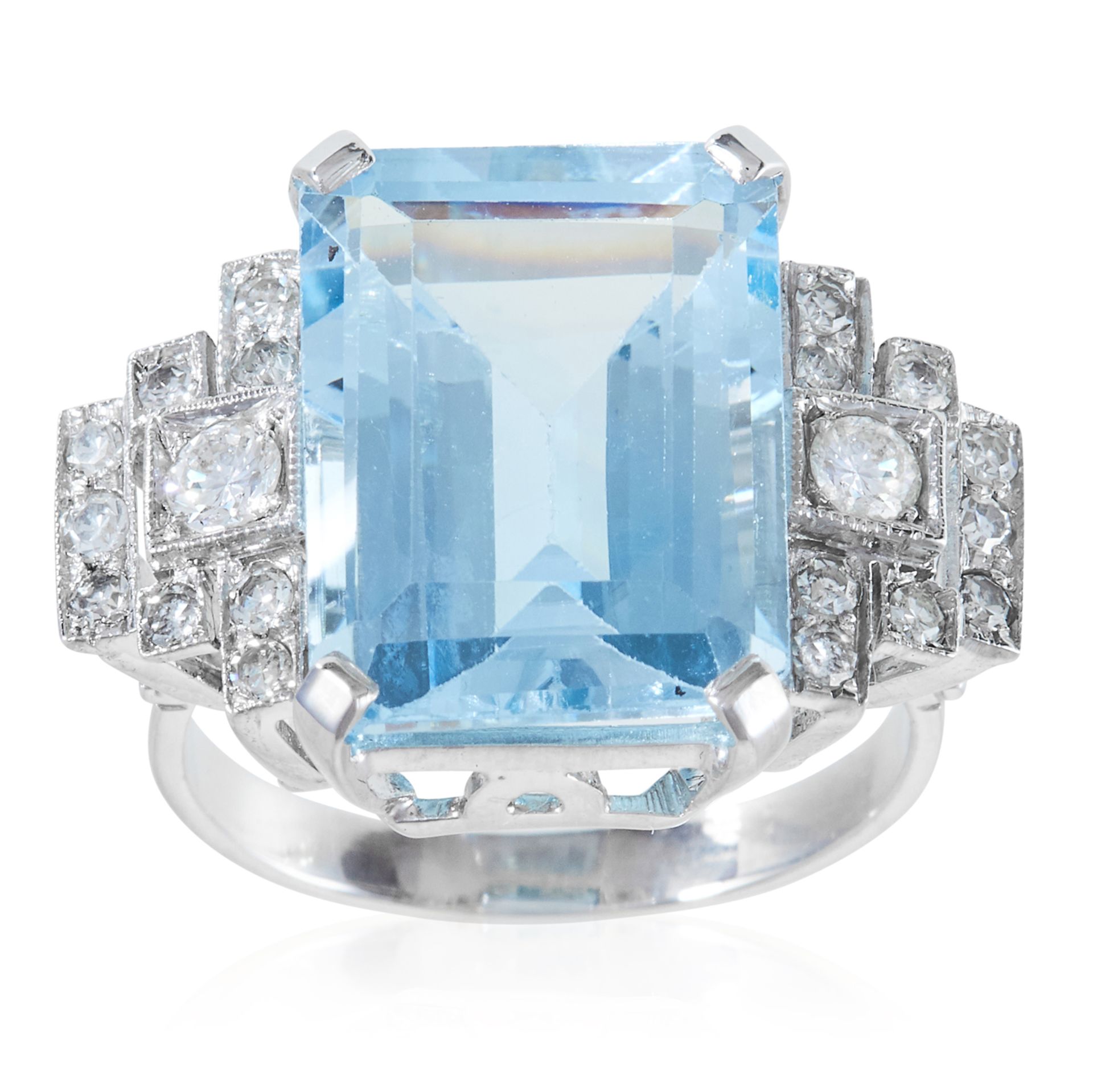 AN ART DECO AQUAMARINE AND DIAMOND DRESS RING in platinum or white gold, the emerald cut