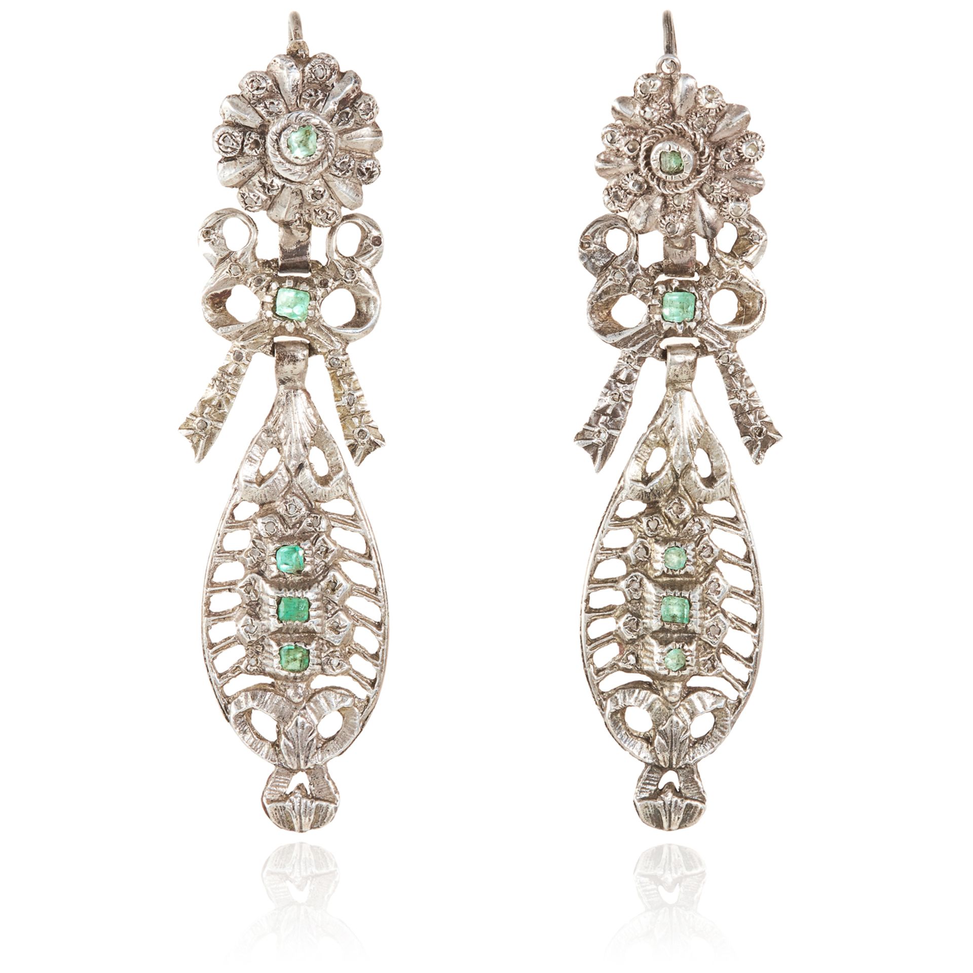 A PAIR OF SPANISH EMERALD AND DIAMOND EARRINGS, CATALAN 17TH/18TH CENTURY in silver, the articulated