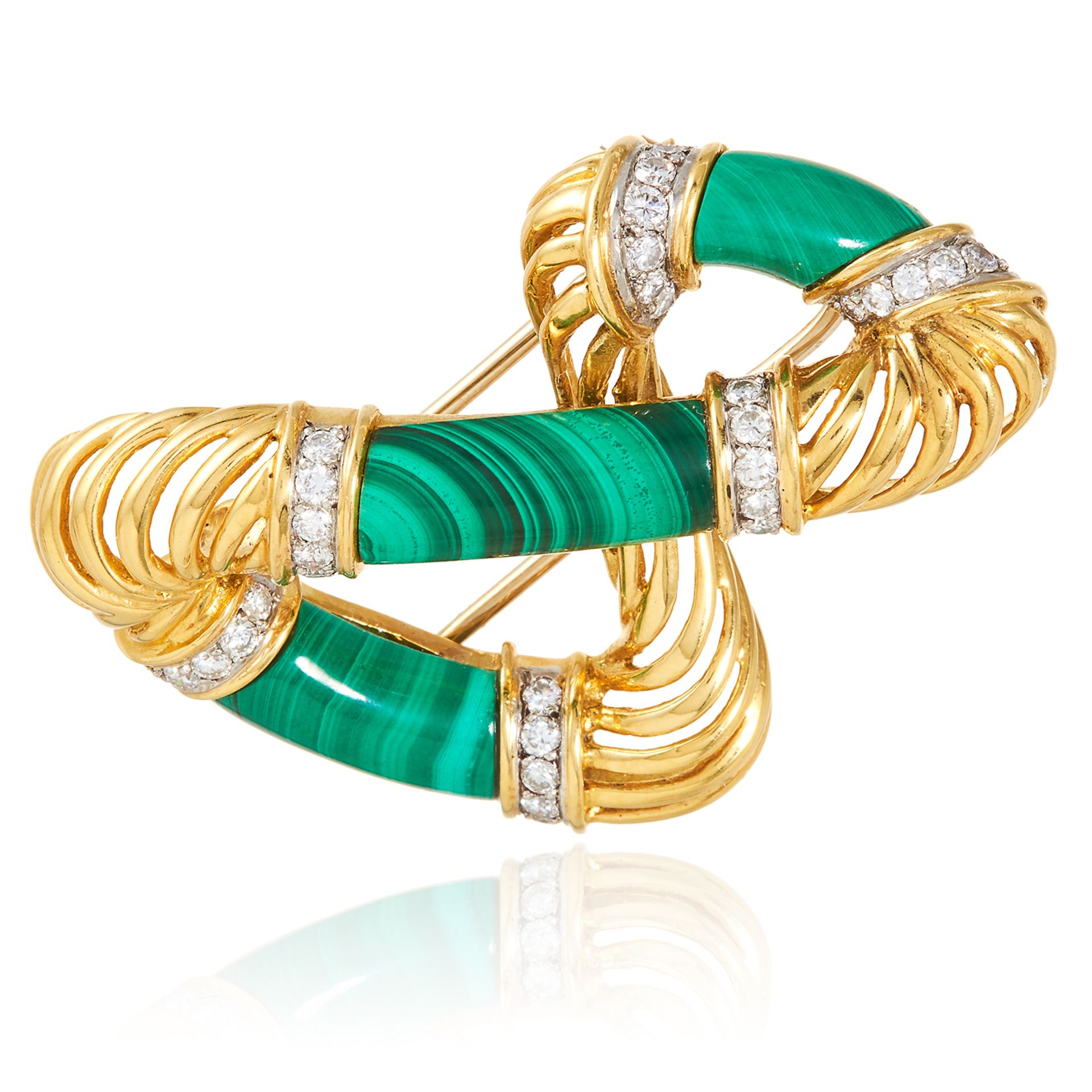 A VINTAGE DIAMOND AND MALACHITE BROOCH, MAUBOUSSIN in high carat yellow gold, designed in abstract