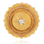 AN ANTIQUE DIAMOND MOURNING BROOCH in high carat yellow gold, the scalloped circular body set at the