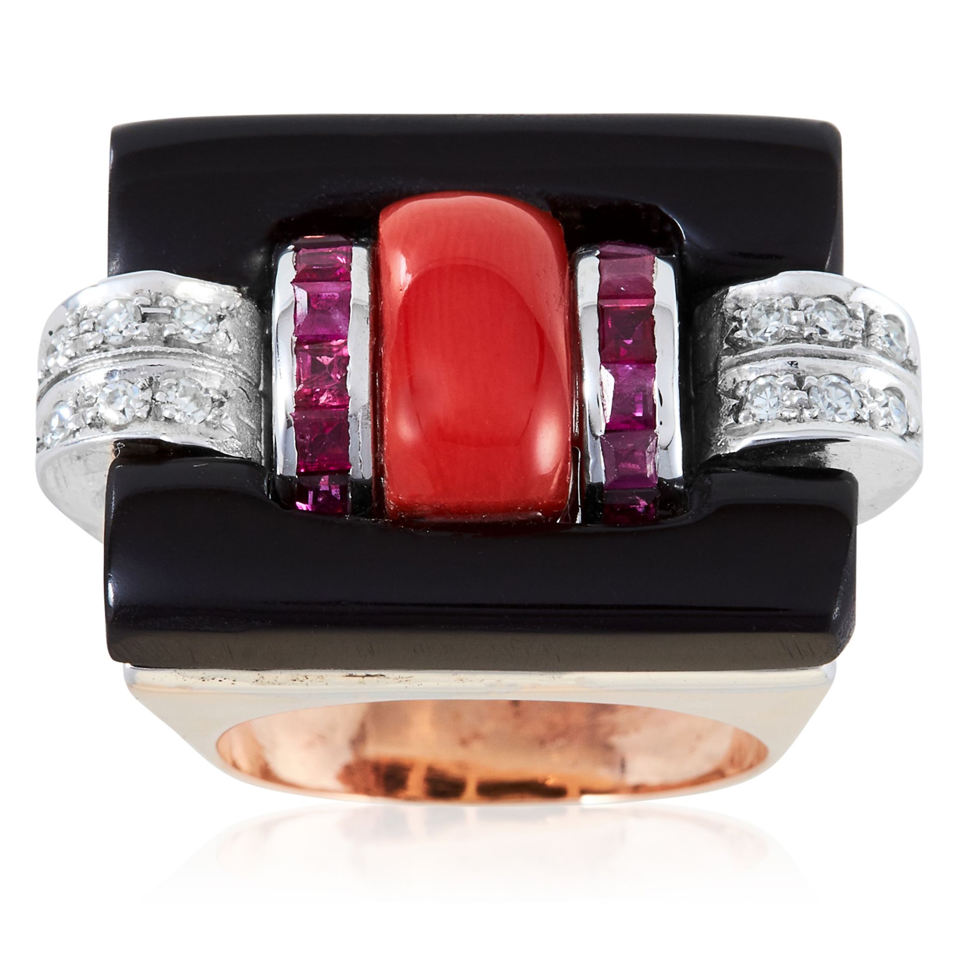 A CORAL, ONYX, RUBY AND DIAMOND COCKTAIL RING, 1940s in high carat yellow gold, set with a central