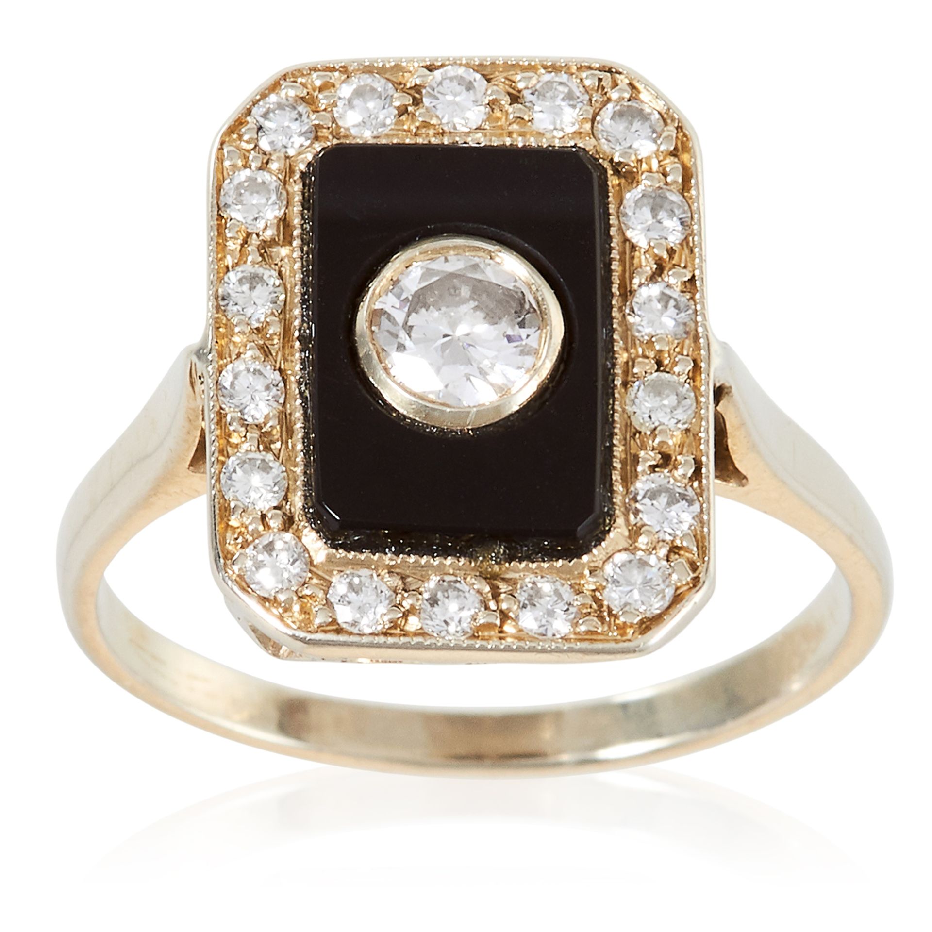 AN ART DECO DIAMOND AND ONYX RING in 18ct gold, the central 0.23 carat round cut diamond set against