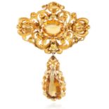 AN ANTIQUE CITRINE BROOCH, 19TH CENTURY in high carat yellow gold, set with four oval cut