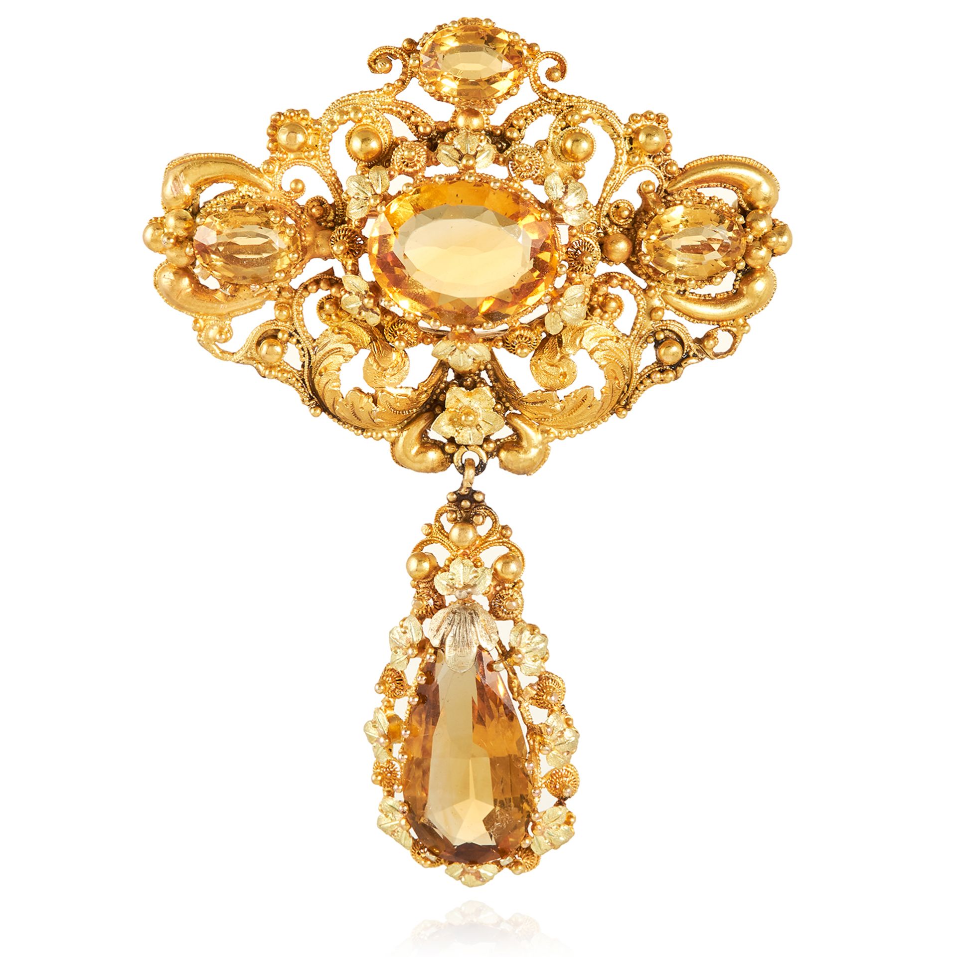 AN ANTIQUE CITRINE BROOCH, 19TH CENTURY in high carat yellow gold, set with four oval cut