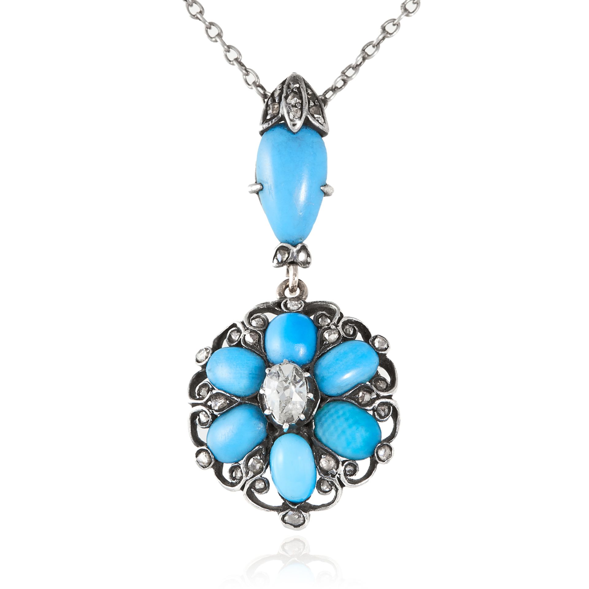 AN ANTIQUE TURQUOISE AND DIAMOND PENDANT in white gold or platinum, in floral motif, set with