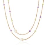 AN ANTIQUE NATURAL PEARL, PERIDOT AND AMETHYST SUFFRAGETTE SAUTOIR NECKLACE, EARLY 20TH CENTURY in