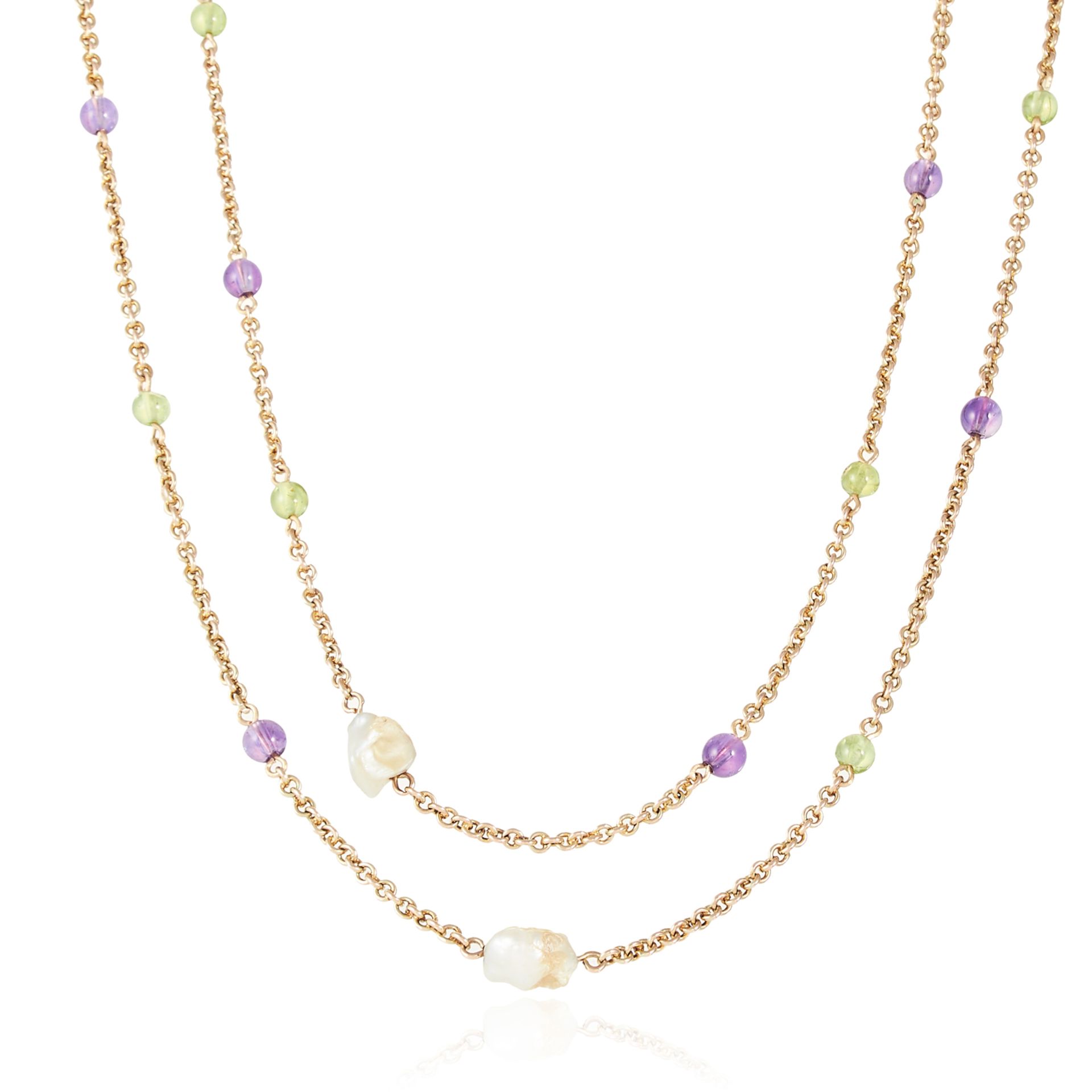 AN ANTIQUE NATURAL PEARL, PERIDOT AND AMETHYST SUFFRAGETTE SAUTOIR NECKLACE, EARLY 20TH CENTURY in