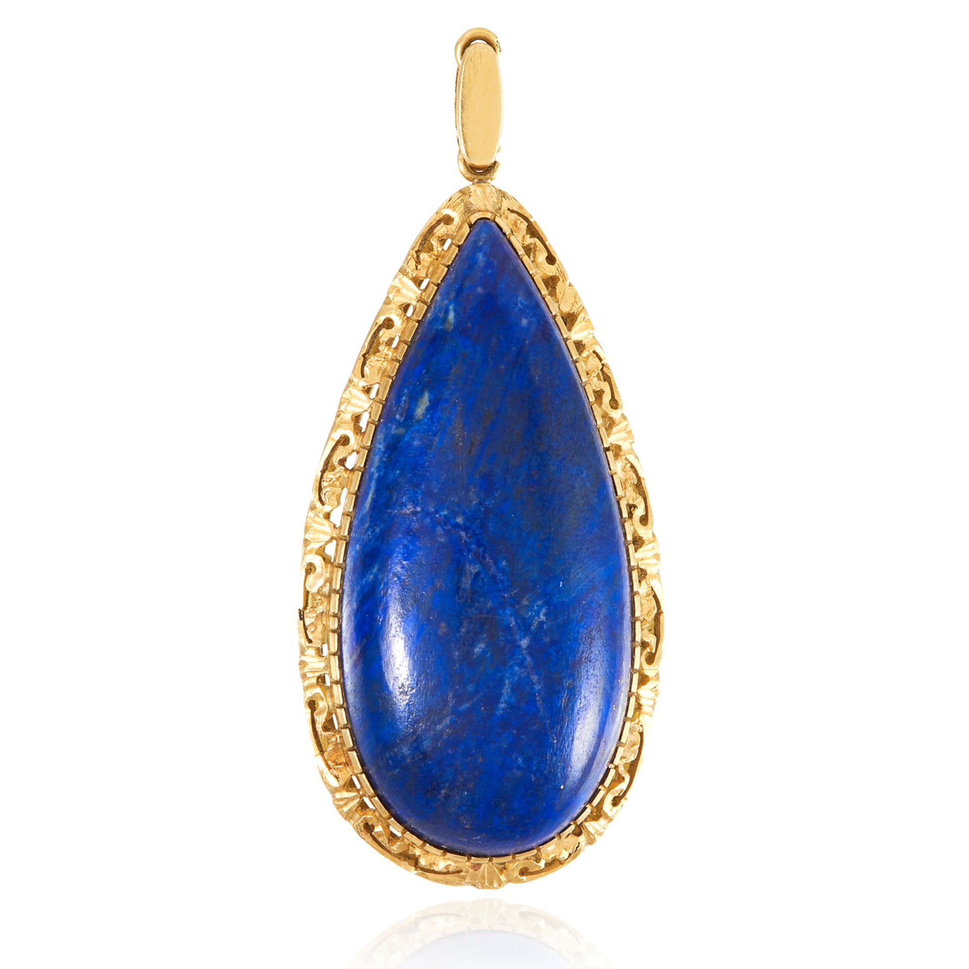 A LAPIS LAZULI PENDANT in 18ct yellow gold, set with a pear cut cabochon lapis lazuli, in