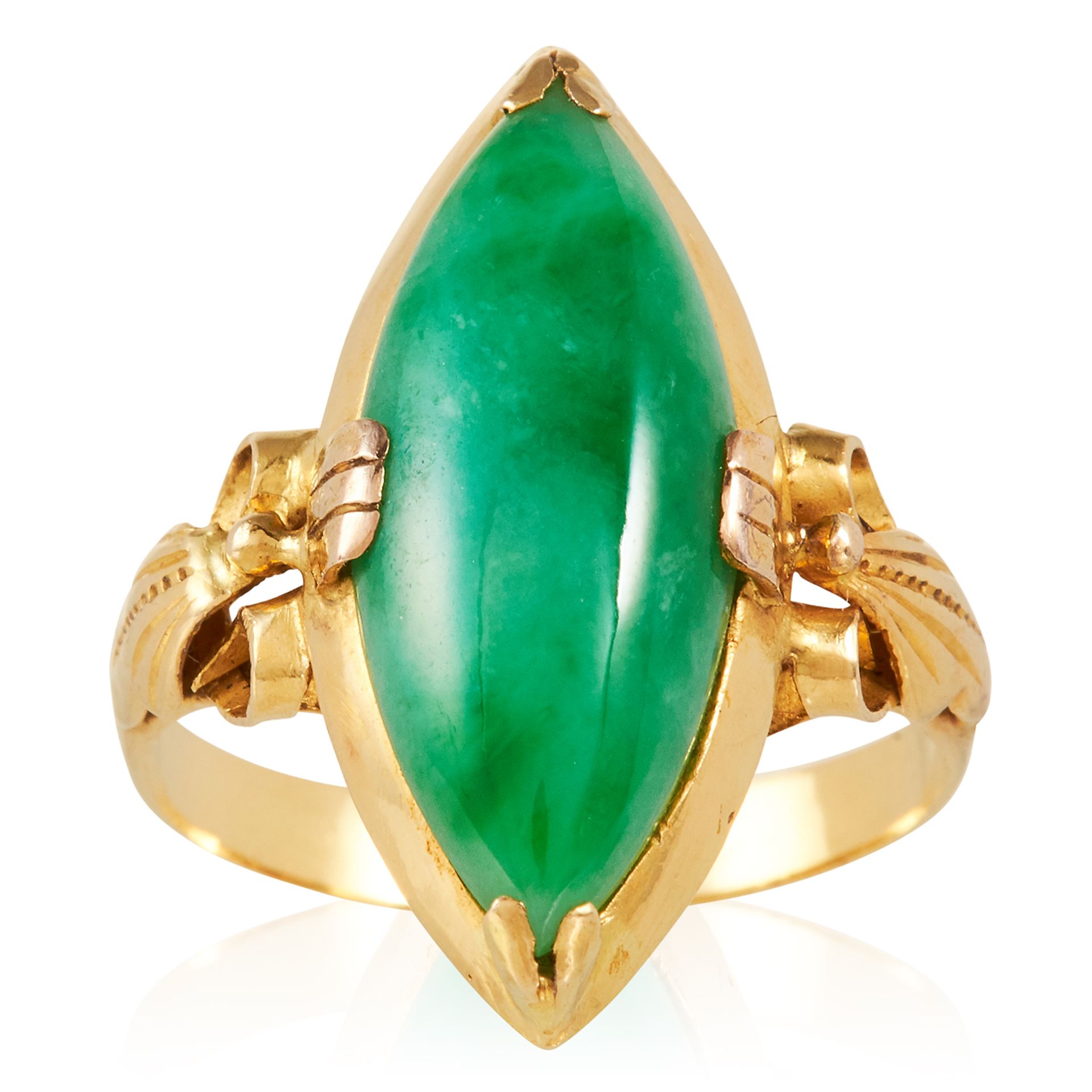 A JADEITE JADE DRESS RING in high carat yellow gold, set with a marquise shaped jade cabochon,