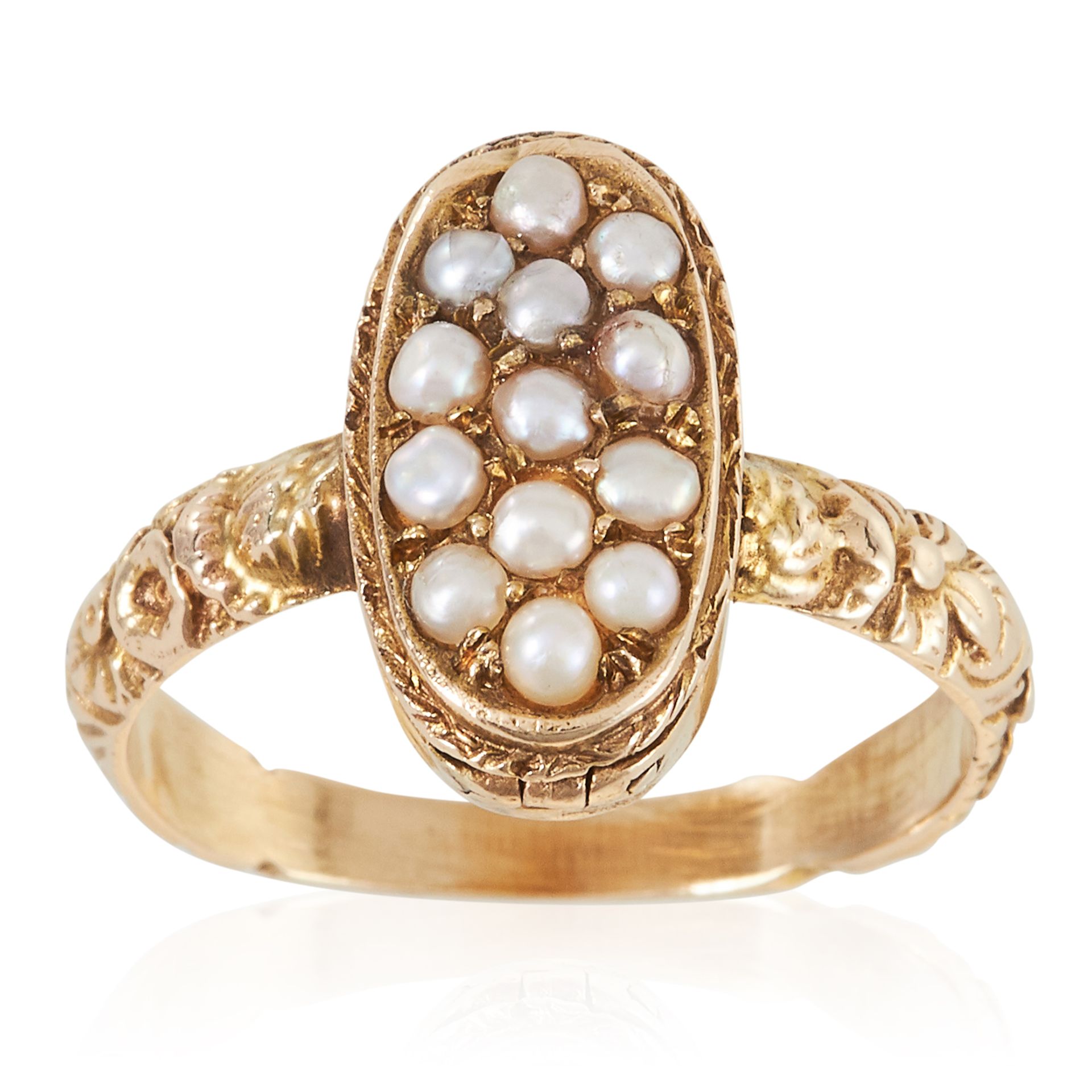 AN ANTIQUE PEARL POISON / LOCKET RING, 19TH CENTURY in high carat yellow gold, the oval face with