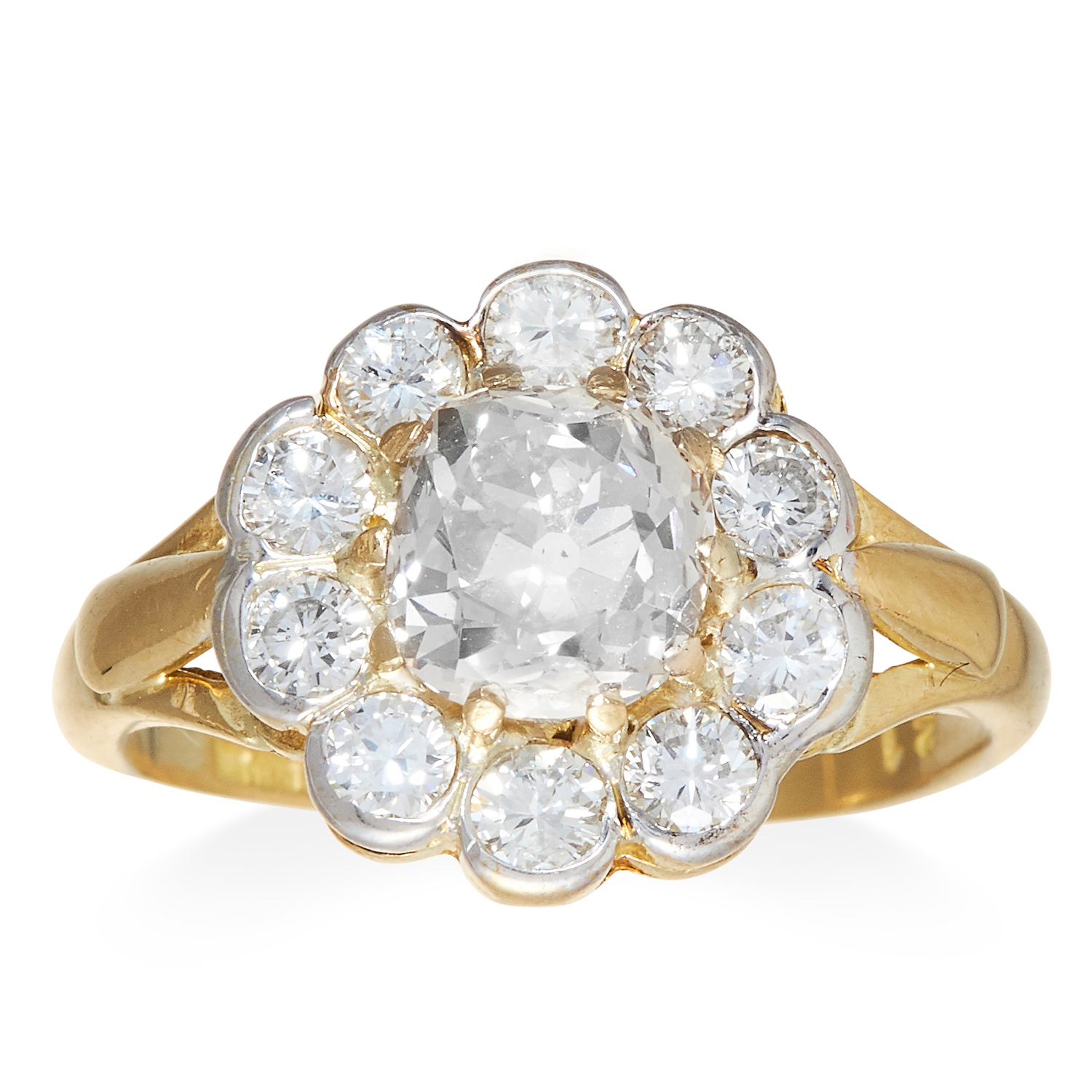 A 2.0 CARAT DIAMOND CLUSTER RING in 18ct gold, the central old cut diamond of 1.51 carats