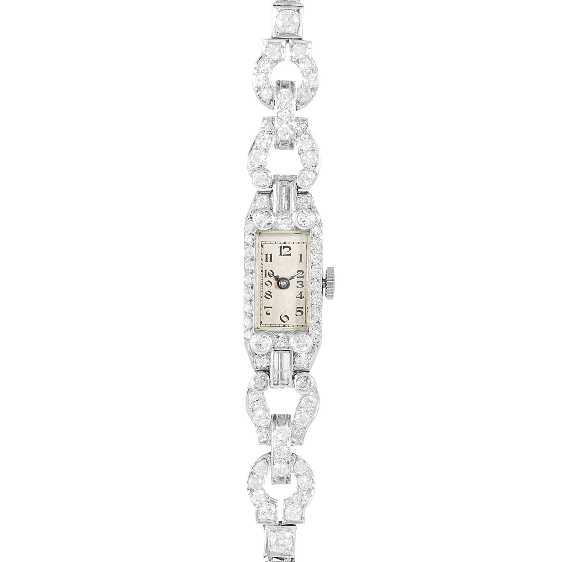 AN ART DECO DIAMOND COCKTAIL WATCH in white gold or platinum, set with round, baguette and single - Bild 2 aus 2