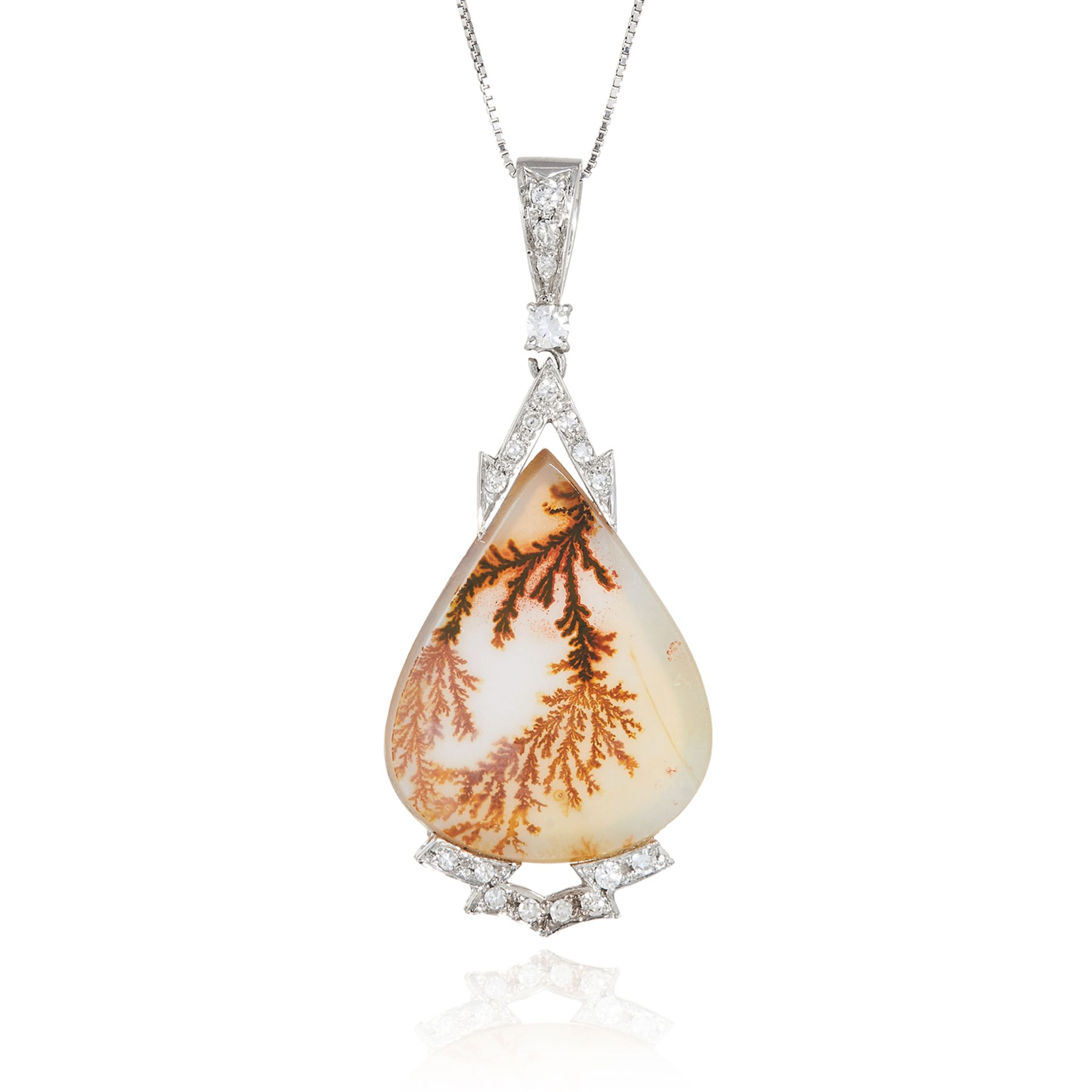 A DENDRITIC AGATE AND DIAMOND PENDANT in 18ct white gold, set with a pear cut moss agate in mount