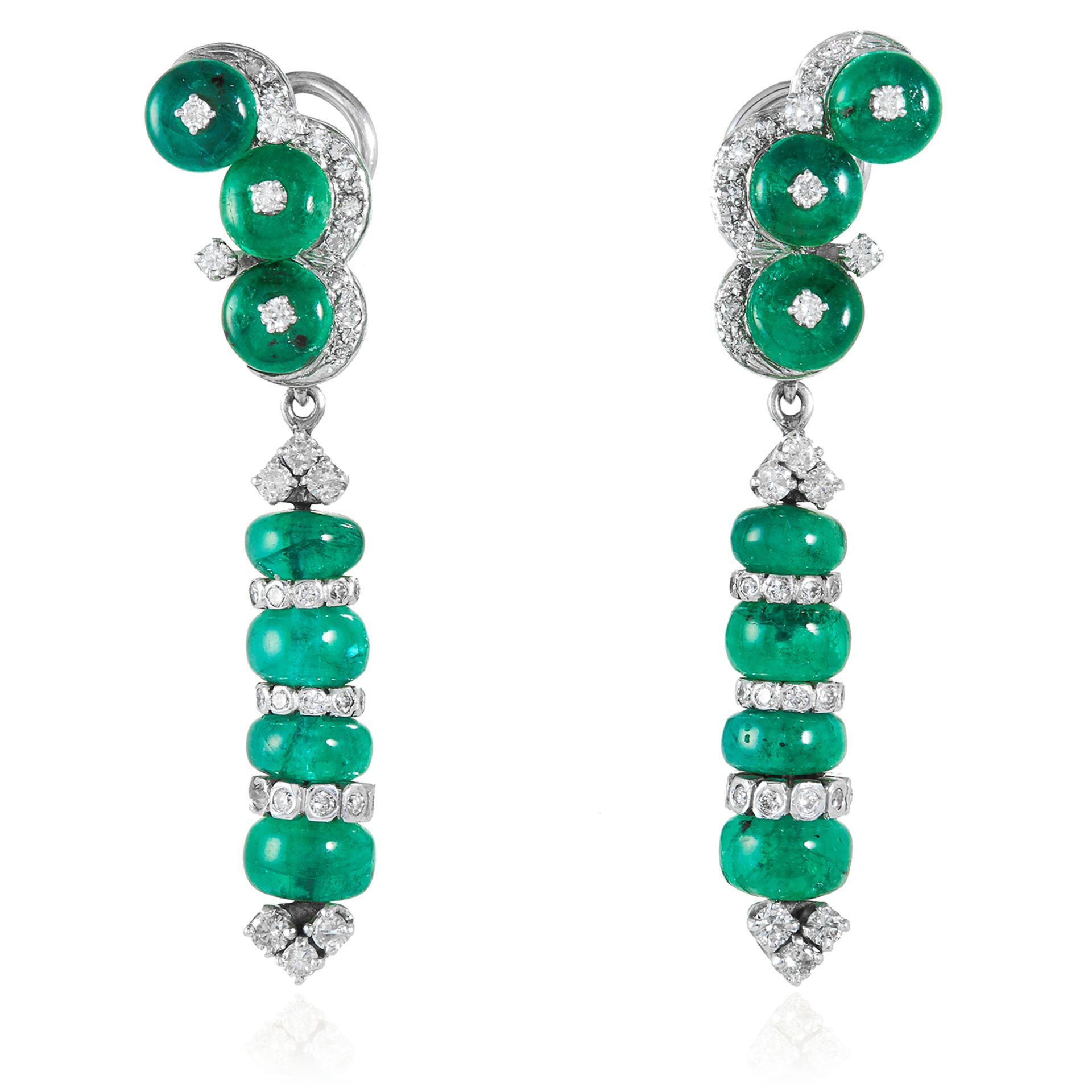 A PAIR OF EMERALD AND DIAMOND DROP EARRINGS in 14ct white gold, comprising of polished circular
