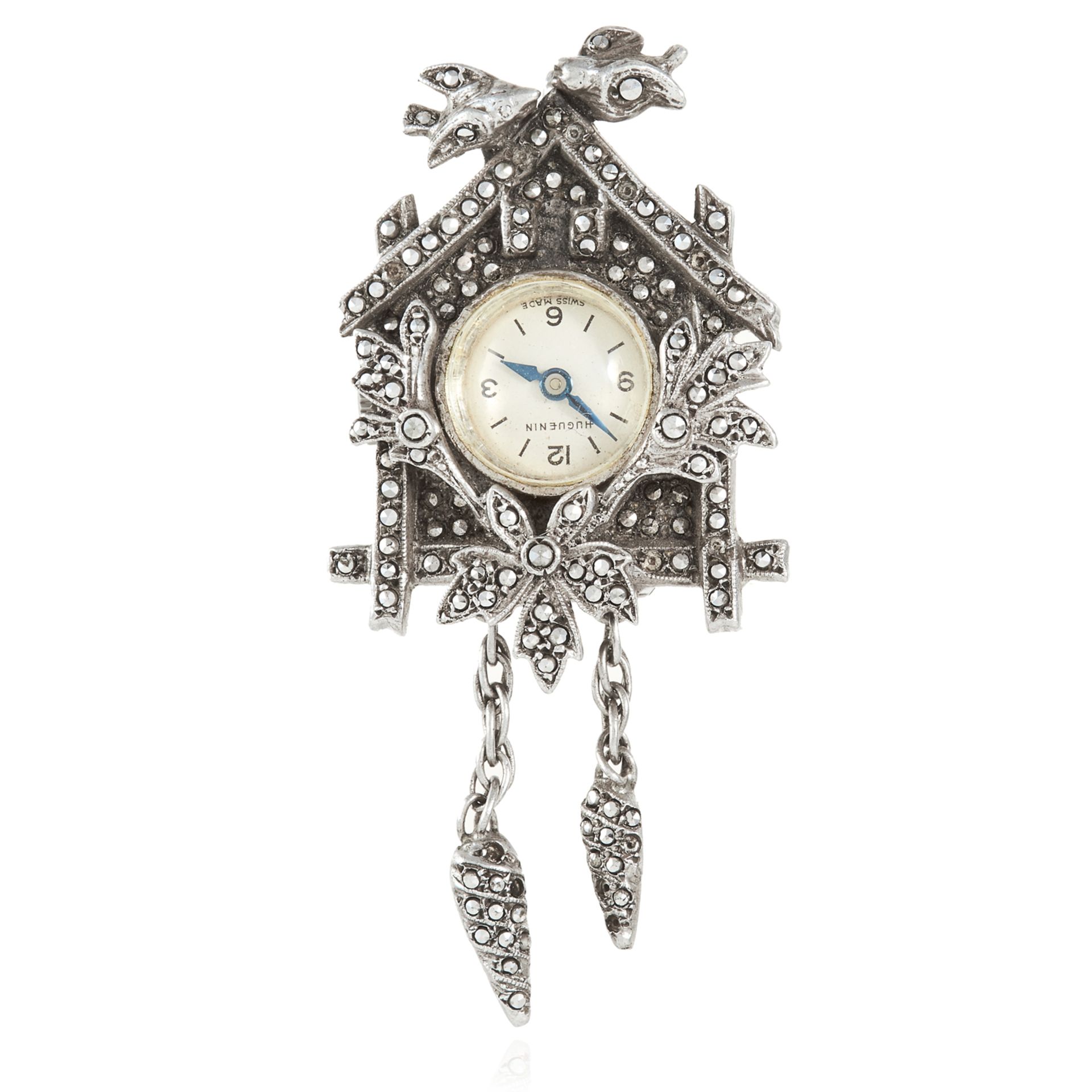 A MARCASITE CUCKOO CLOCK BROOCH, CIRCA 1920 in silver depicting a bird brooch jewelled with