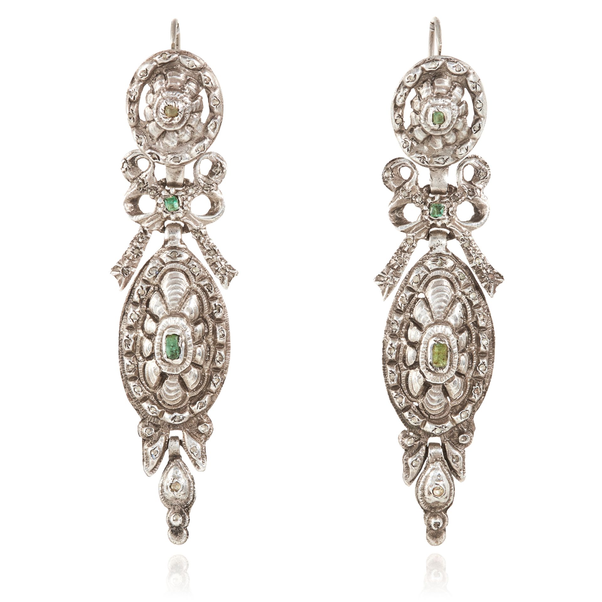 A PAIR OF SPANISH EMERALD AND DIAMOND EARRINGS, CATALAN 17TH/18TH CENTURY in silver, the articulated