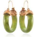 A PAIR OF ANTIQUE NEPHRITE JADE HOOP EARRINGS in yellow gold, each designed as a polished hoop of