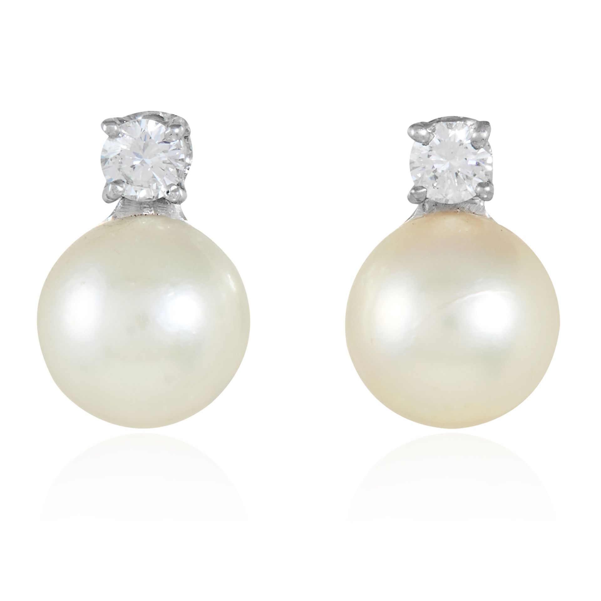 A PAIR OF PEARL AND DIAMOND EAR STUDS in 18ct white gold, each comprising of a round cut diamond