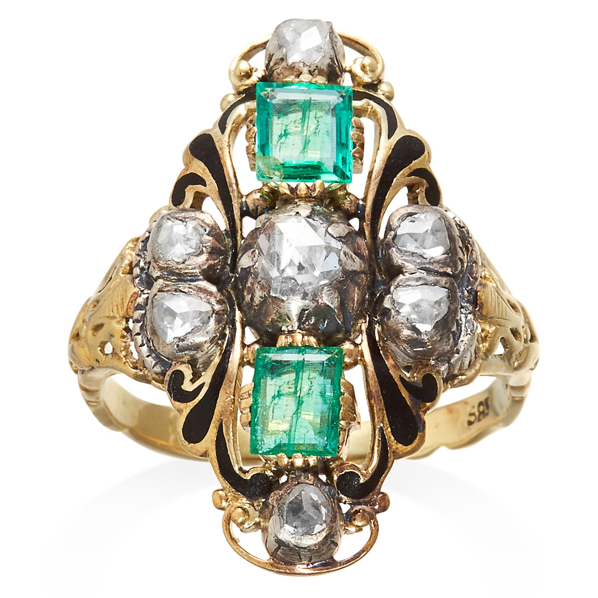 AN ANTIQUE EMERALD, DIAMOND AND ENAMEL RING in high carat yellow gold and silver, step cut