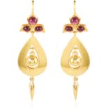 A PAIR OF ANTIQUE GARNET DROP EARRINGS, 19TH CENTURY in high carat yellow gold, each with a