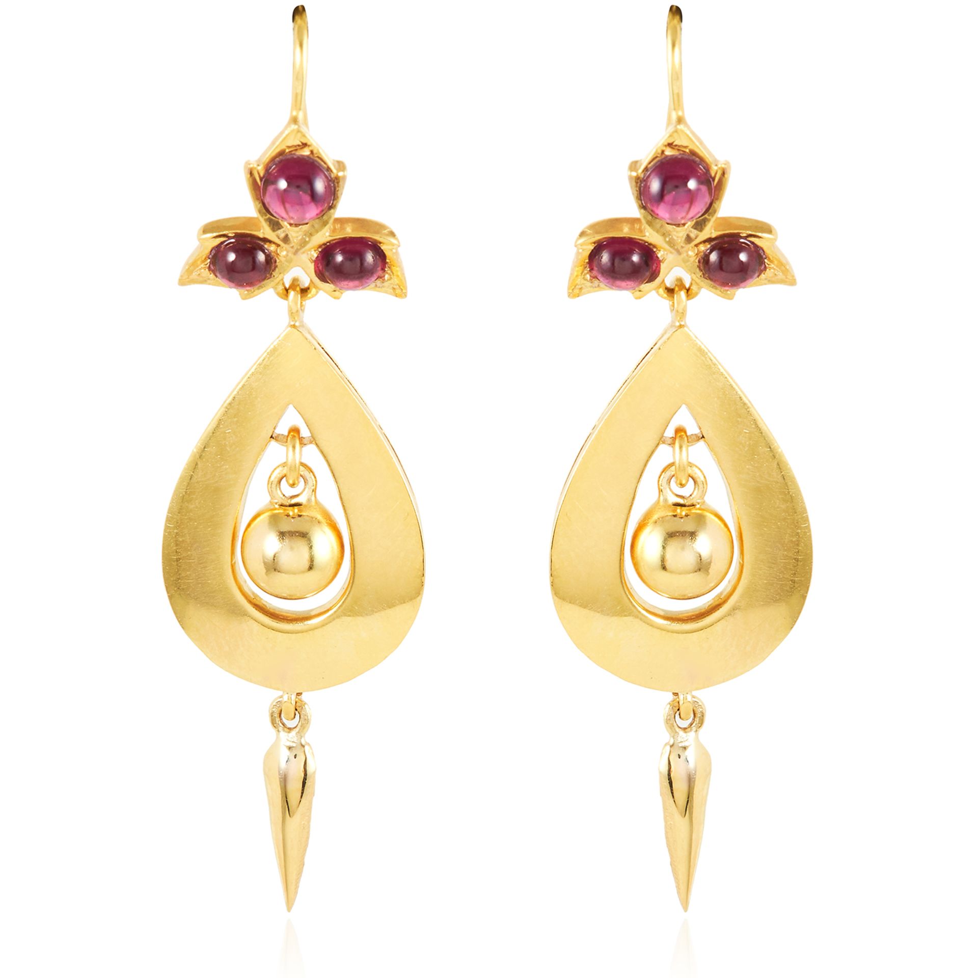 A PAIR OF ANTIQUE GARNET DROP EARRINGS, 19TH CENTURY in high carat yellow gold, each with a