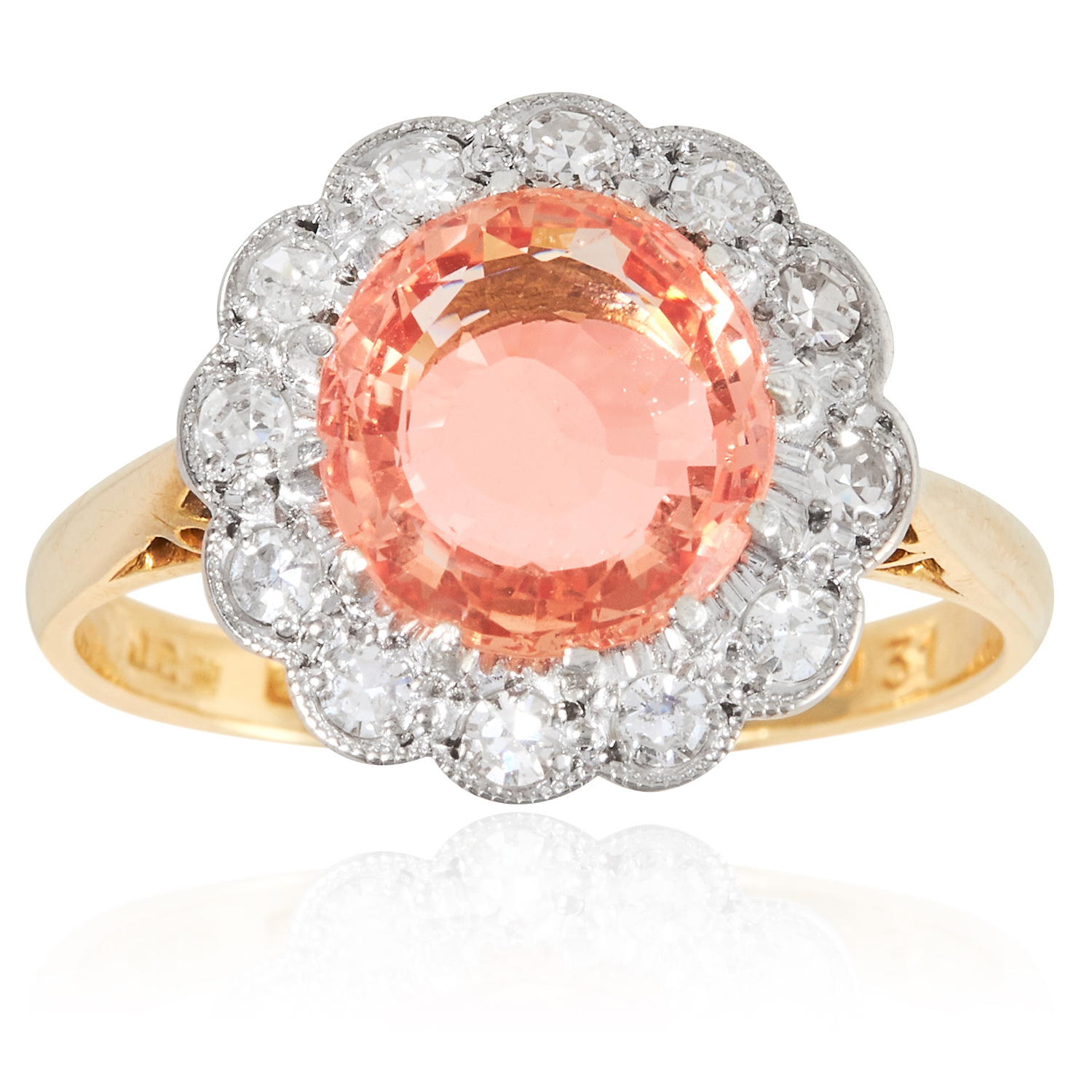 A 2.65 CARAT PADPARADSCHA SAPPHIRE AND DIAMOND RING in 18ct yellow gold and platinum, the 2.65 carat