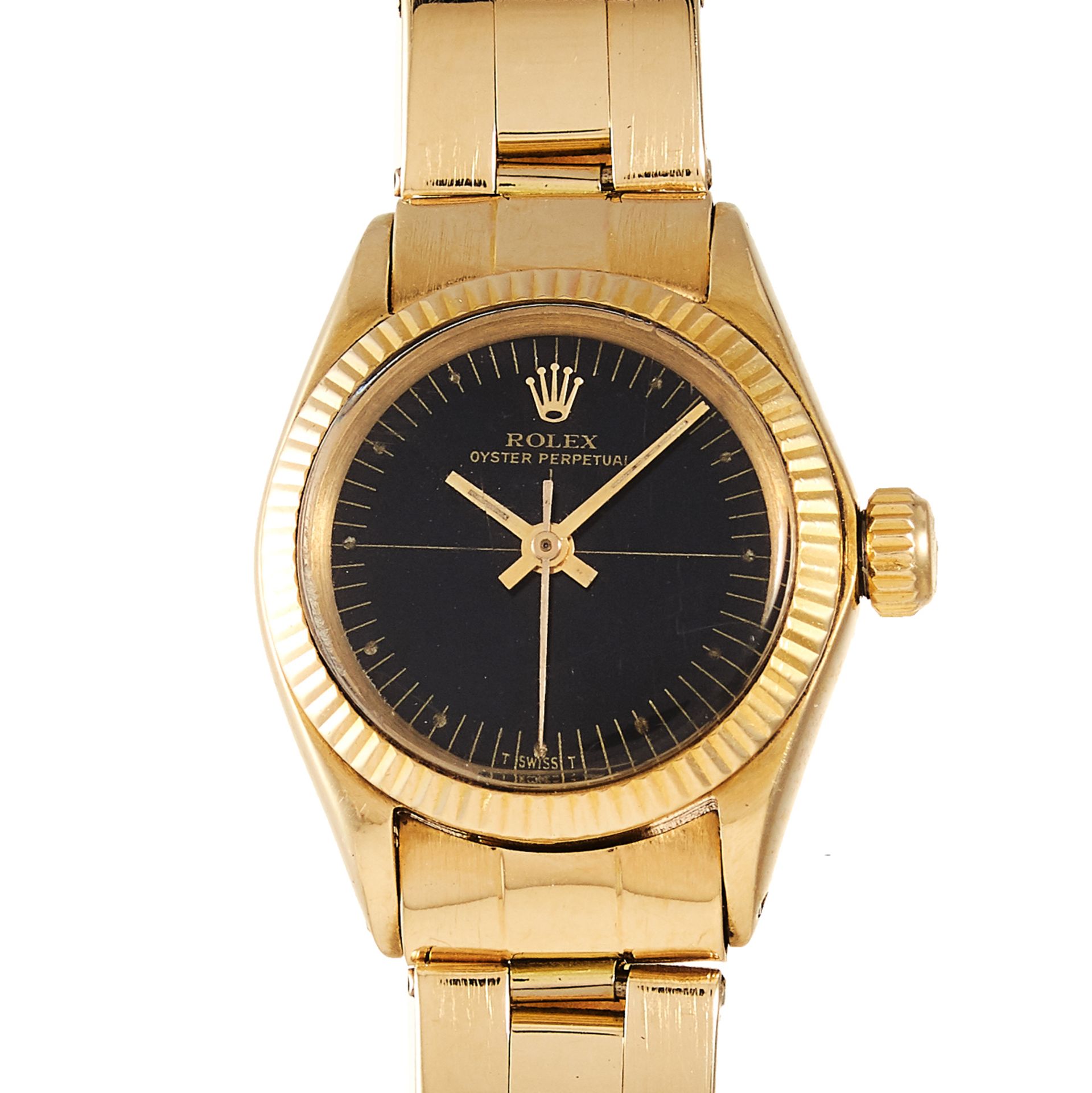 A LADIES 'OYSTER PERPETUAL' WRISTWATCH, ROLEX, CIRCA 1970 in 18ct yellow gold, with black dial, - Bild 2 aus 2