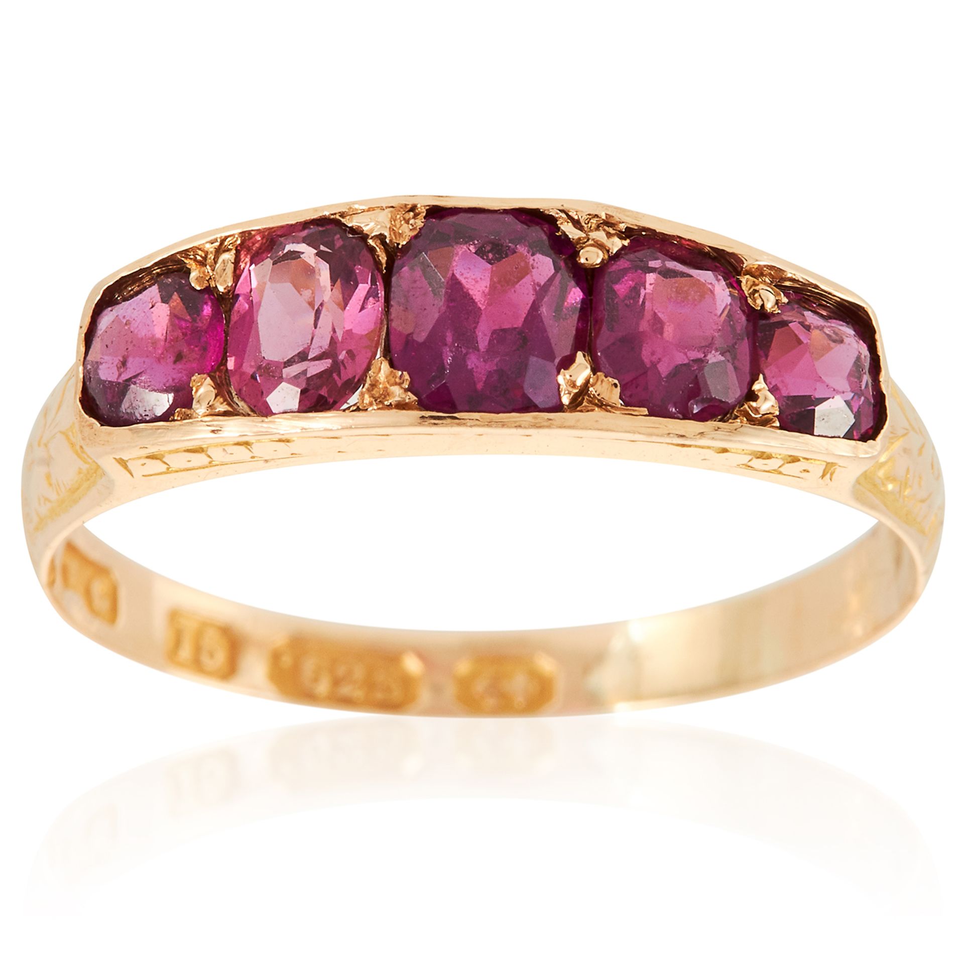 AN ANTIQUE FIVE STONE GARNET RING in 15ct yellow gold, set with five cushion cut garnets, British