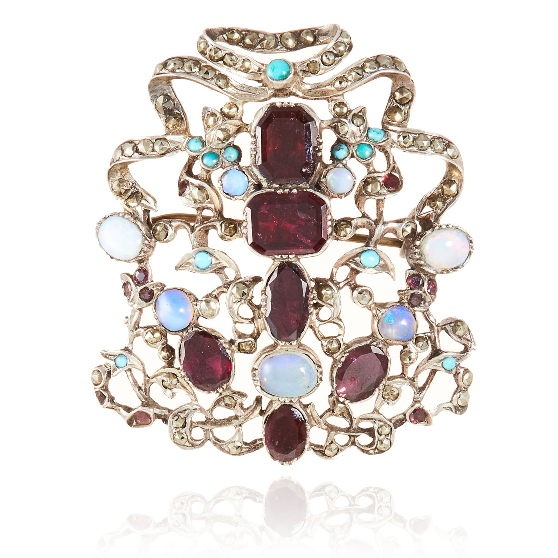 AN ANTIQUE GARNET, OPAL AND TURQUOISE BROOCH set with an array of gems, accented by marcasite,