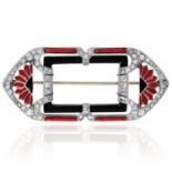 AN ART DECO DIAMOND, ONYX AND ENAMEL BROOCH in white gold or platinum, in Art Deco design,