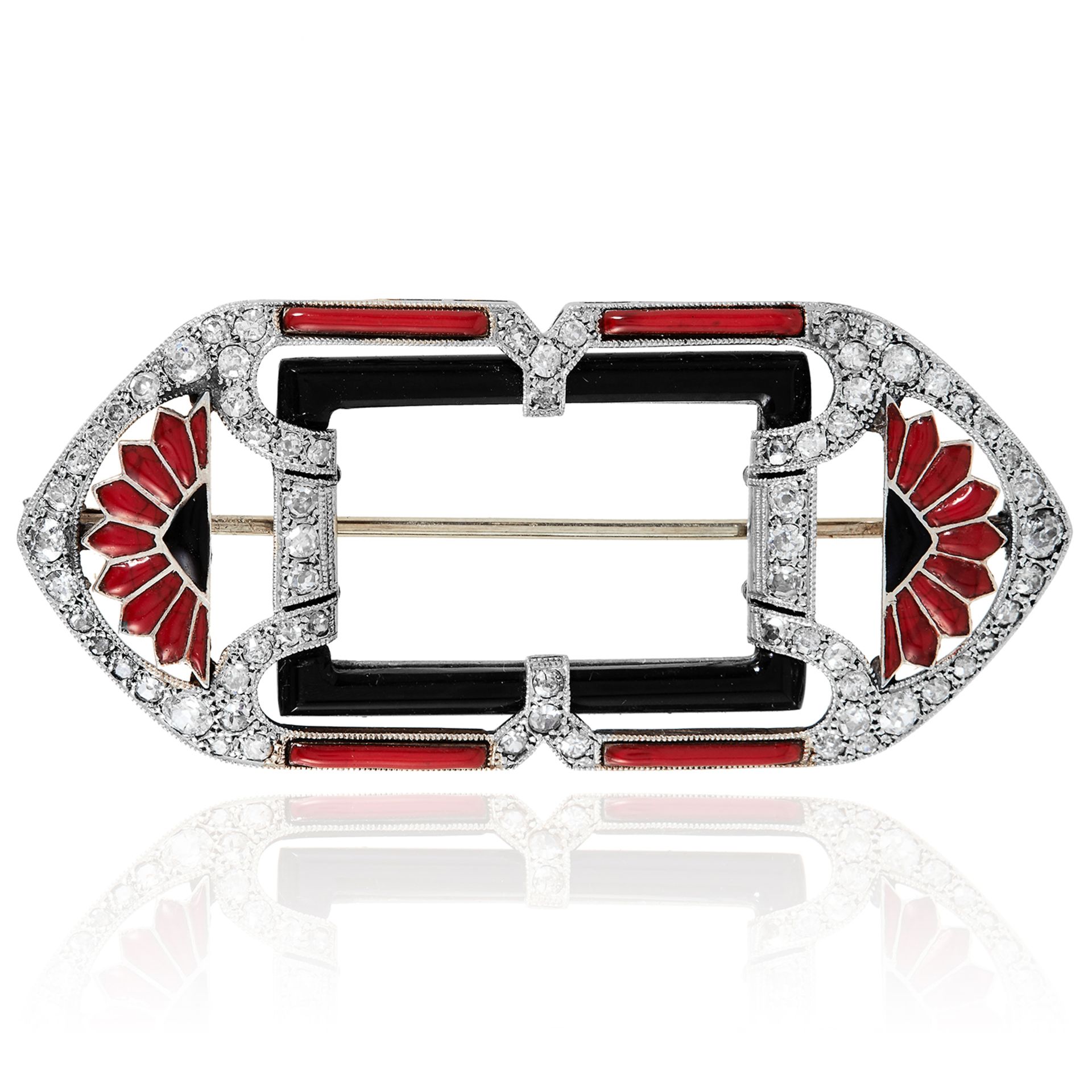 AN ART DECO DIAMOND, ONYX AND ENAMEL BROOCH in white gold or platinum, in Art Deco design,
