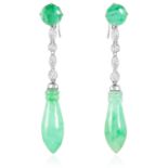 A PAIR OF DIAMOND AND JADEITE JADE EARRINGS in white gold or platinum, set with round and marquise