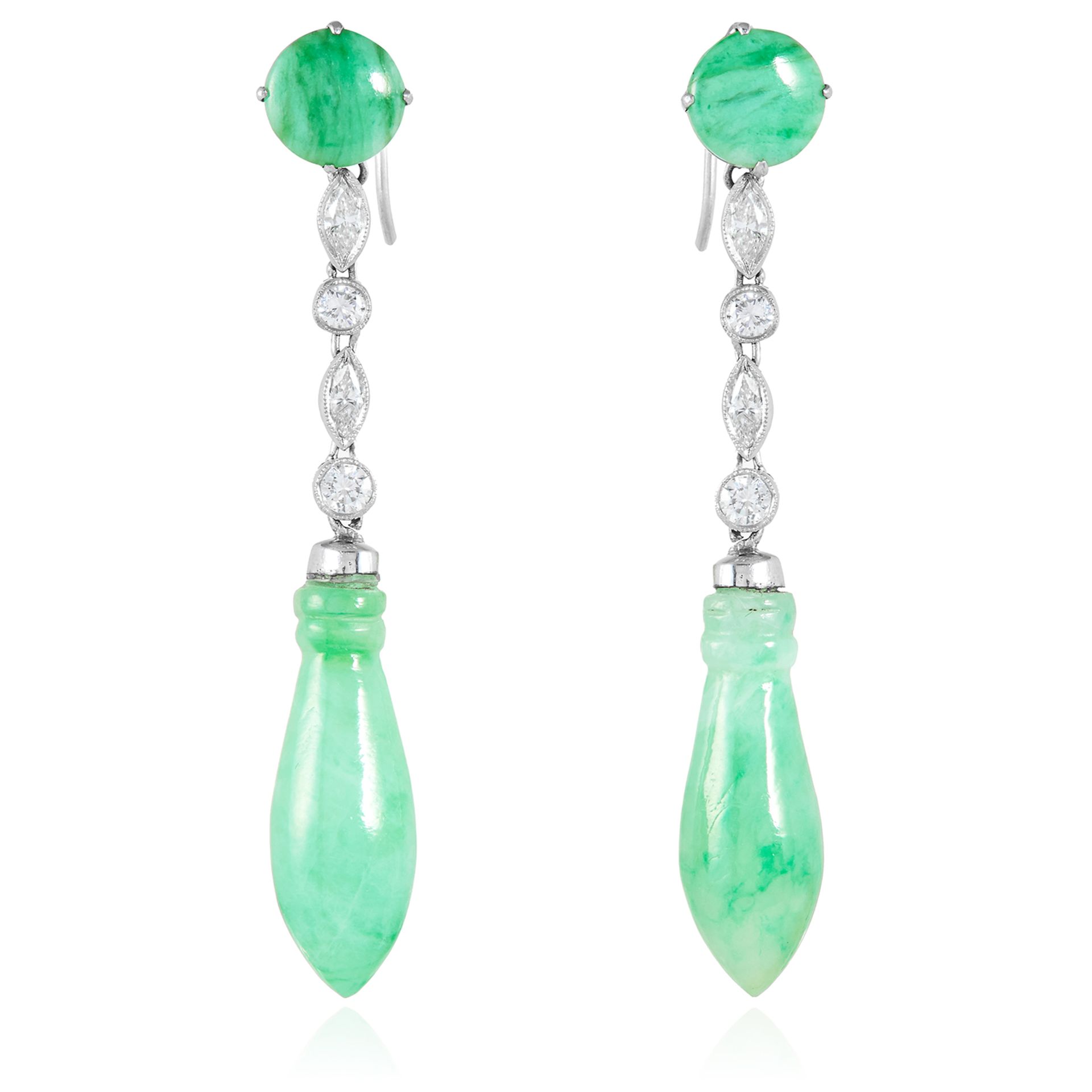 A PAIR OF DIAMOND AND JADEITE JADE EARRINGS in white gold or platinum, set with round and marquise