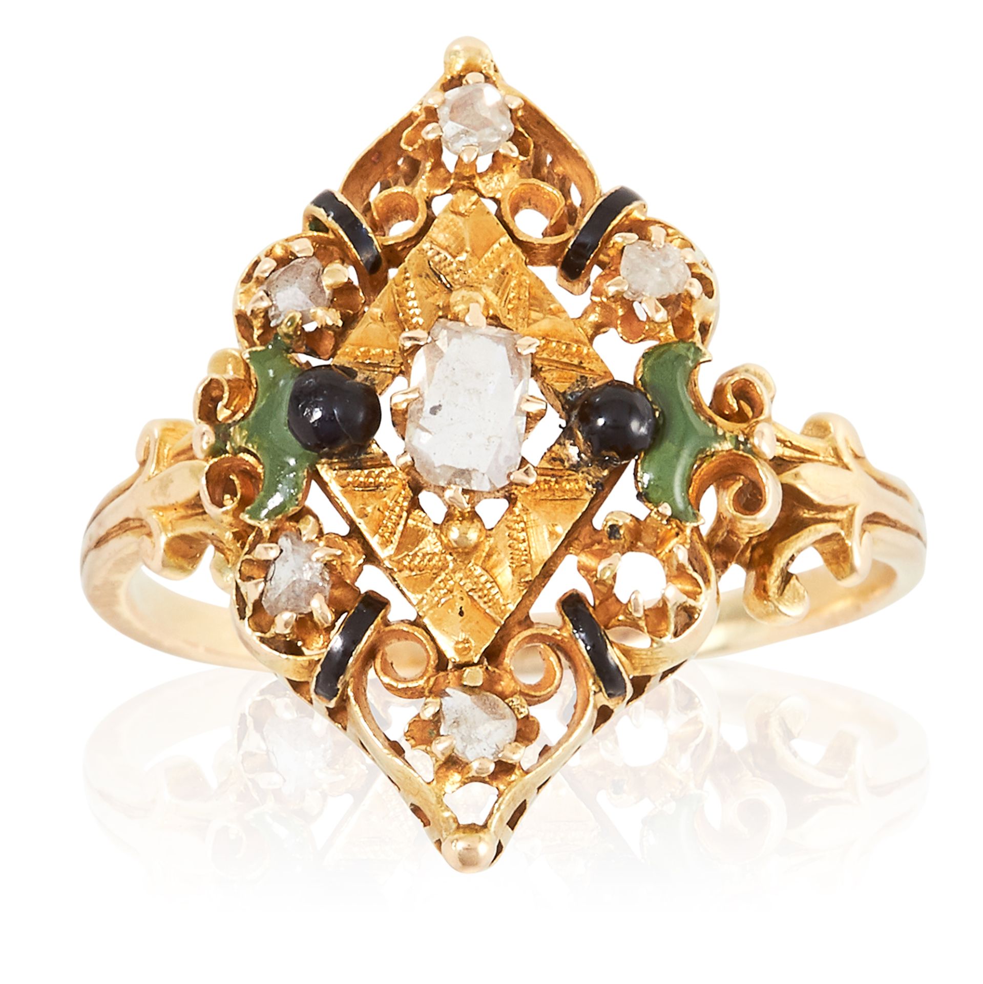 AN ANTIQUE DIAMOND AND ENAMEL RING in high carat yellow gold, the marquise face with scrolling