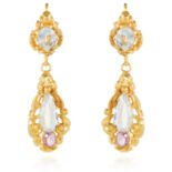 A PAIR OF ANTIQUE AQUAMARINE AND TOPAZ EARRINGS in high carat yellow gold, each set with an oval and