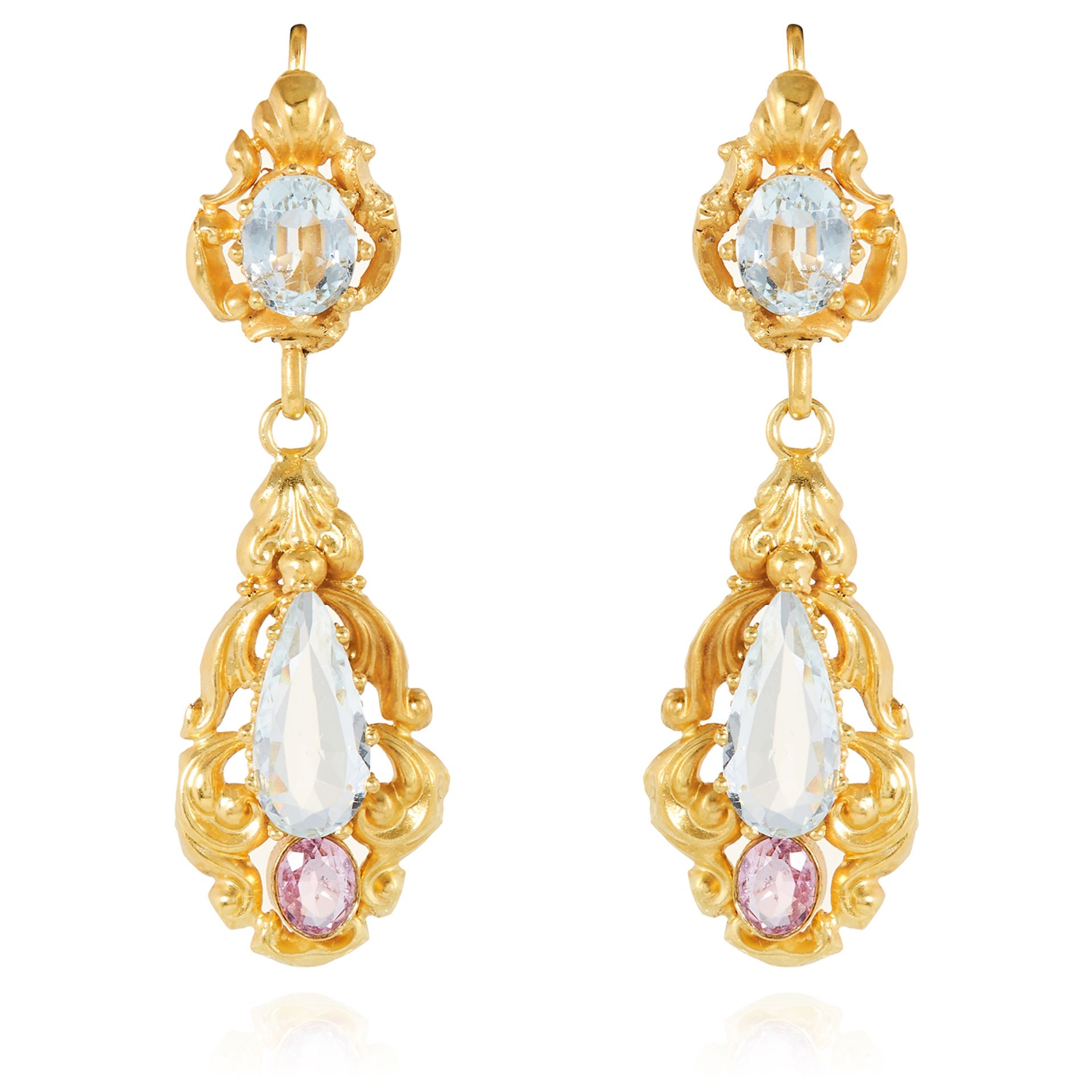 A PAIR OF ANTIQUE AQUAMARINE AND TOPAZ EARRINGS in high carat yellow gold, each set with an oval and