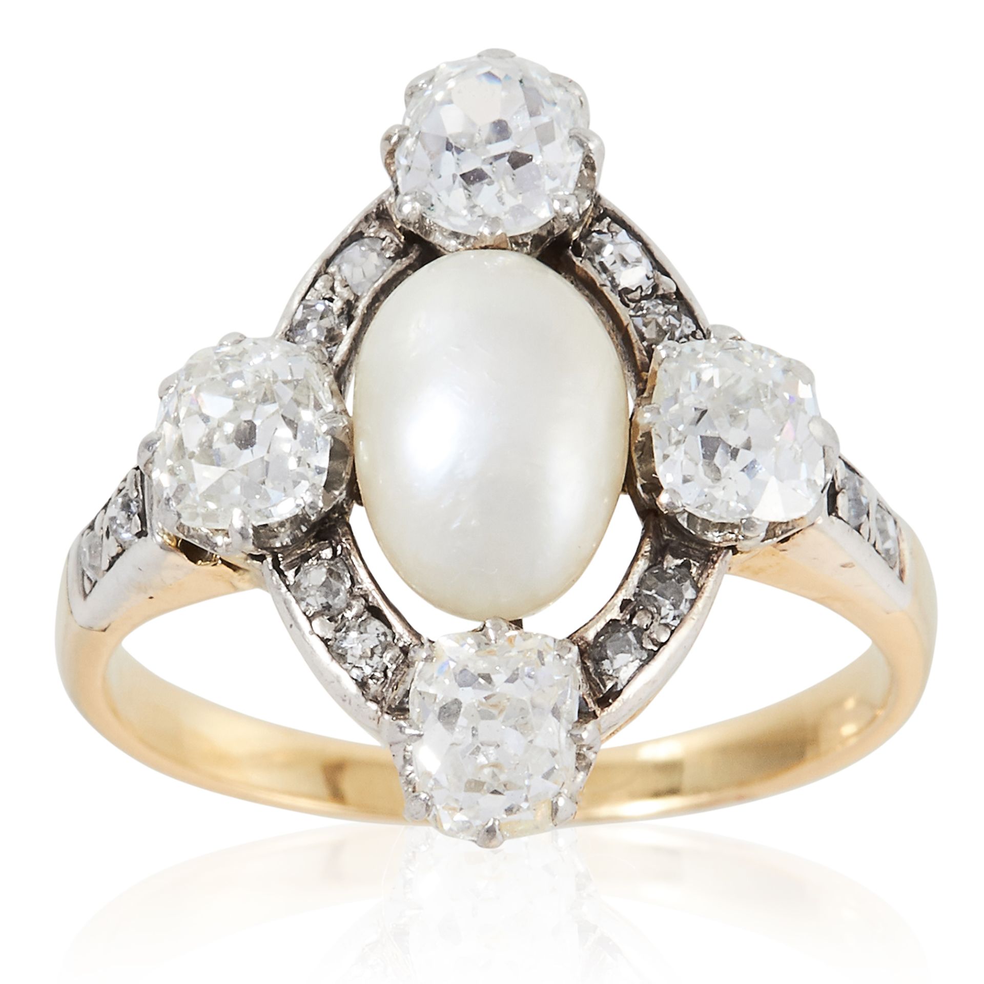 AN ANTIQUE PEARL AND DIAMOND RING in high carat yellow gold, set with a central pearl in a border of