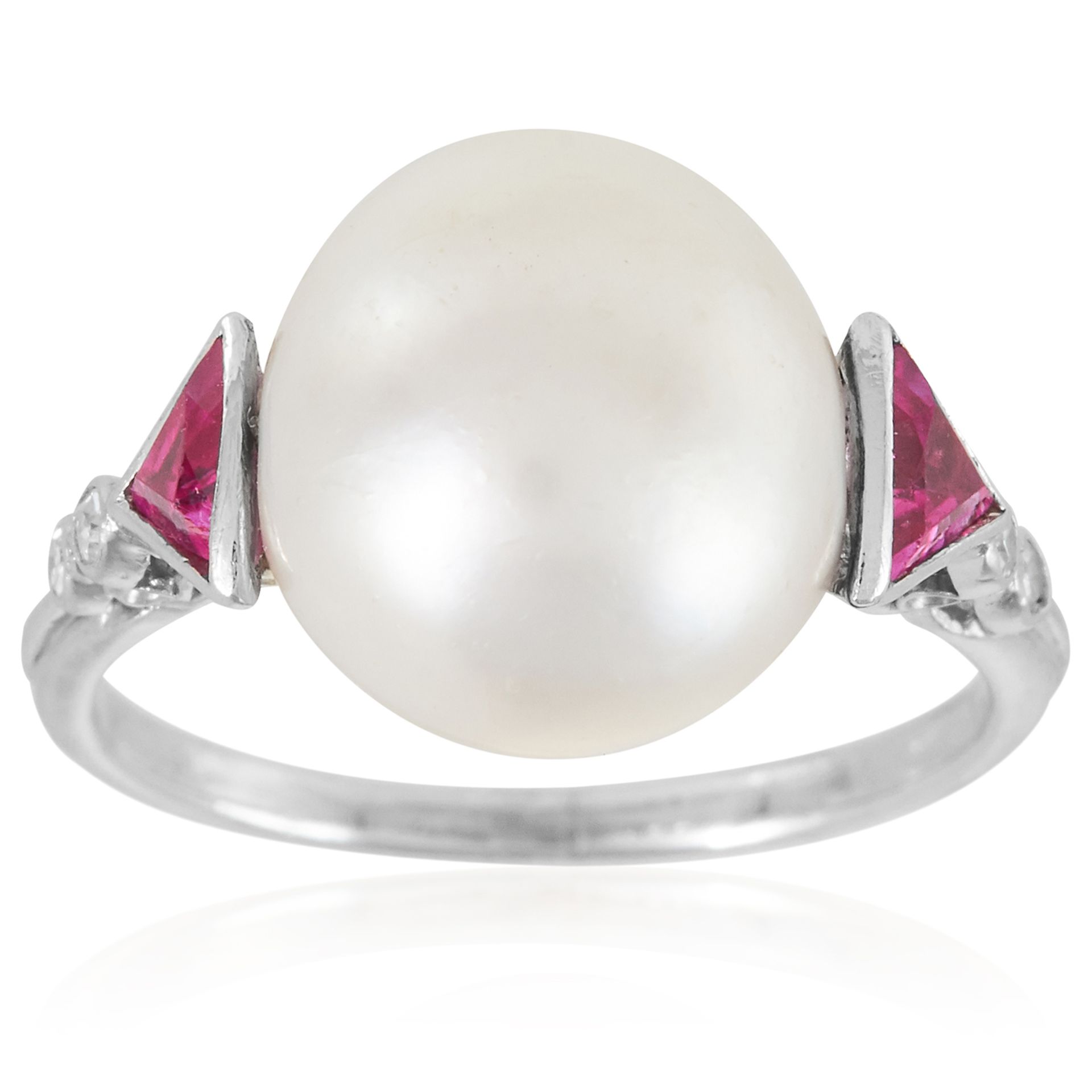 AN ANTIQUE NATURAL PEARL, RUBY AND DIAMOND DRESS RING in white gold or platinum, set with a