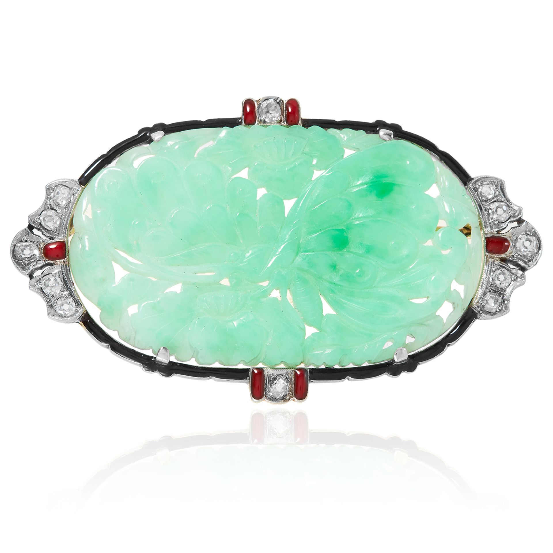 AN ART DECO JADEITE JADE, DIAMOND AND ENAMEL BROOCH in yellow gold, set with a carved jade plaque,