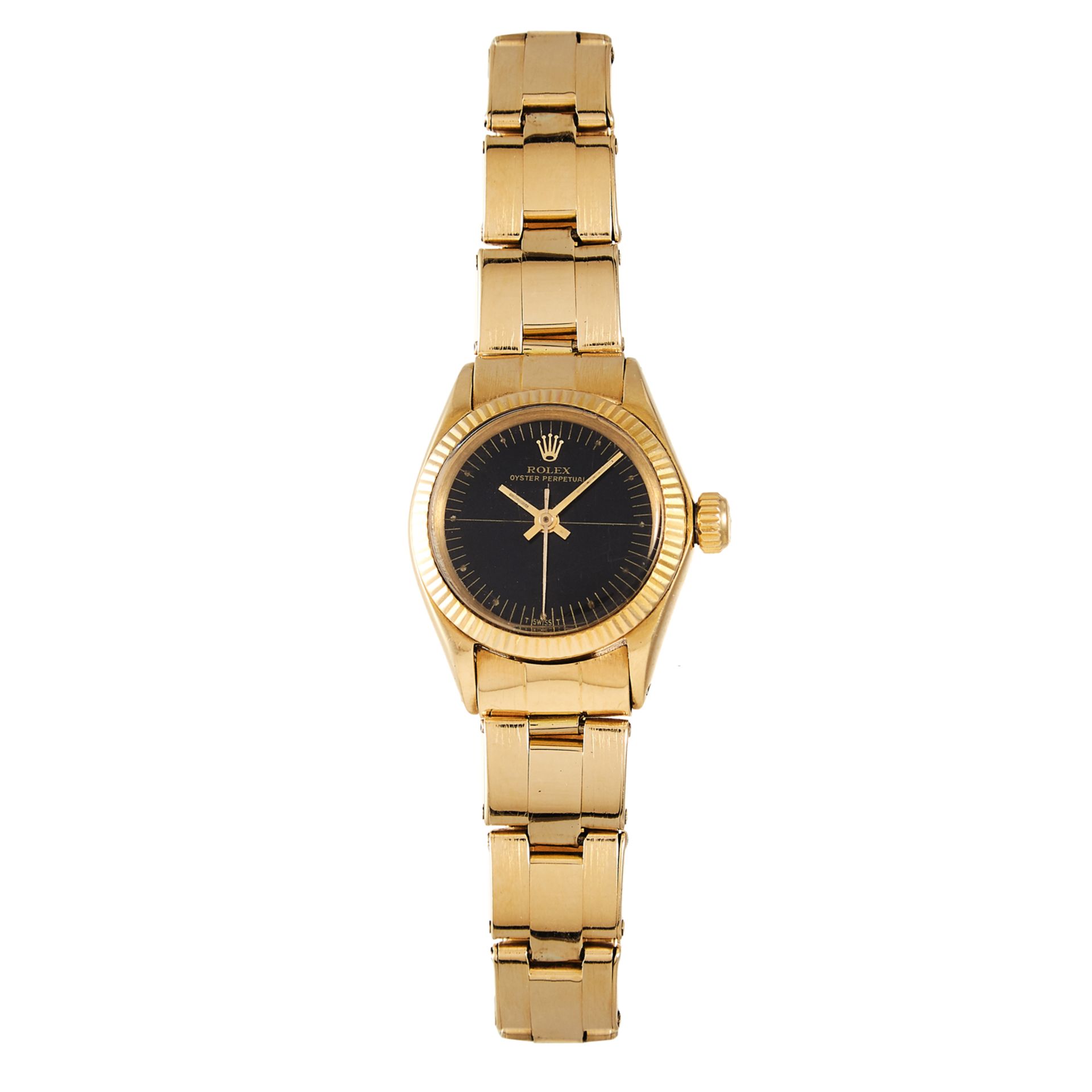 A LADIES 'OYSTER PERPETUAL' WRISTWATCH, ROLEX, CIRCA 1970 in 18ct yellow gold, with black dial,