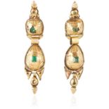 A PAIR OF SPANISH EMERALD EARRINGS, CATALAN CIRCA 1800 in high carat yellow gold, the articulated