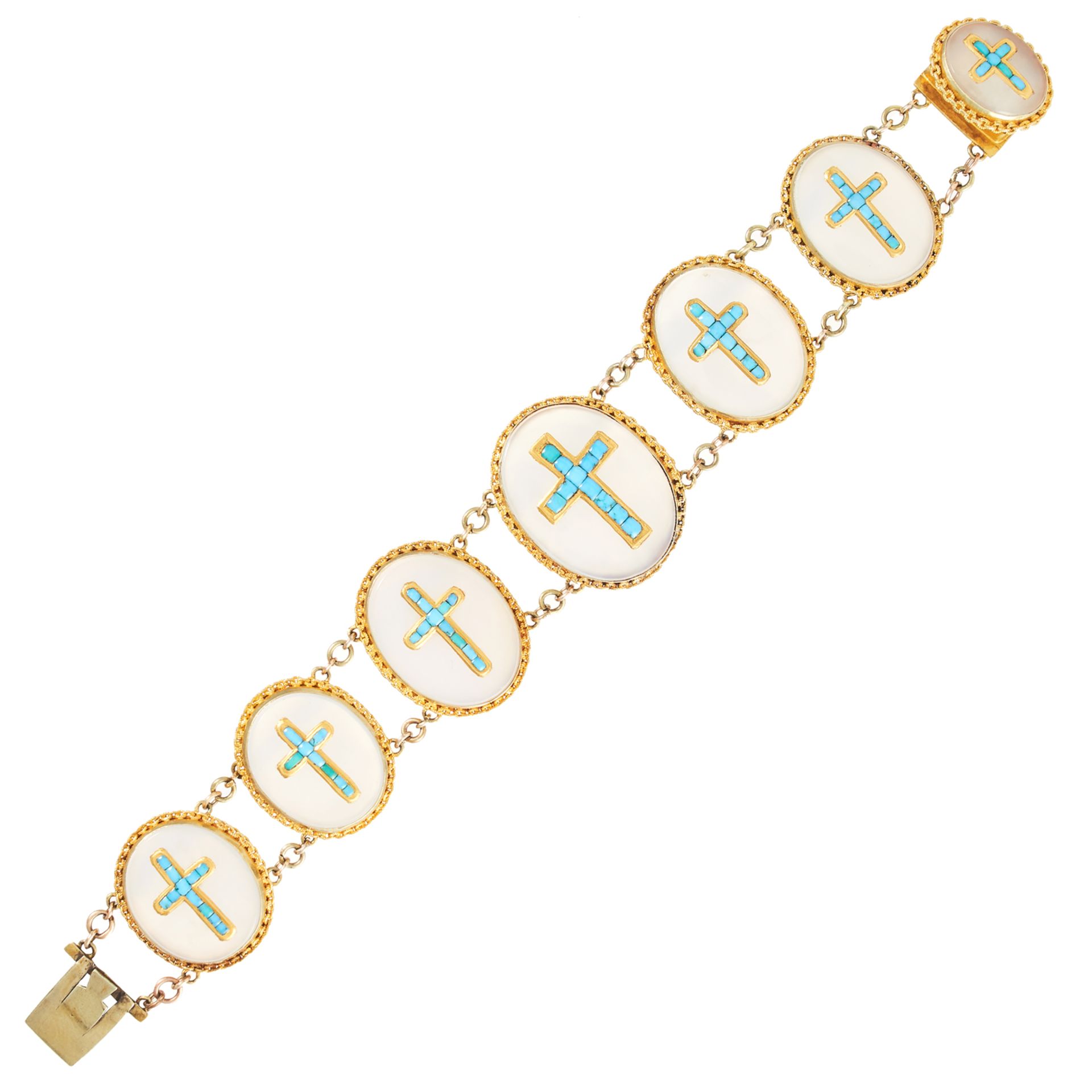 AN ANTIQUE TURQUOISE AND CHALCEDONY BRACELET, 19TH CENTURY in high carat yellow gold, comprising