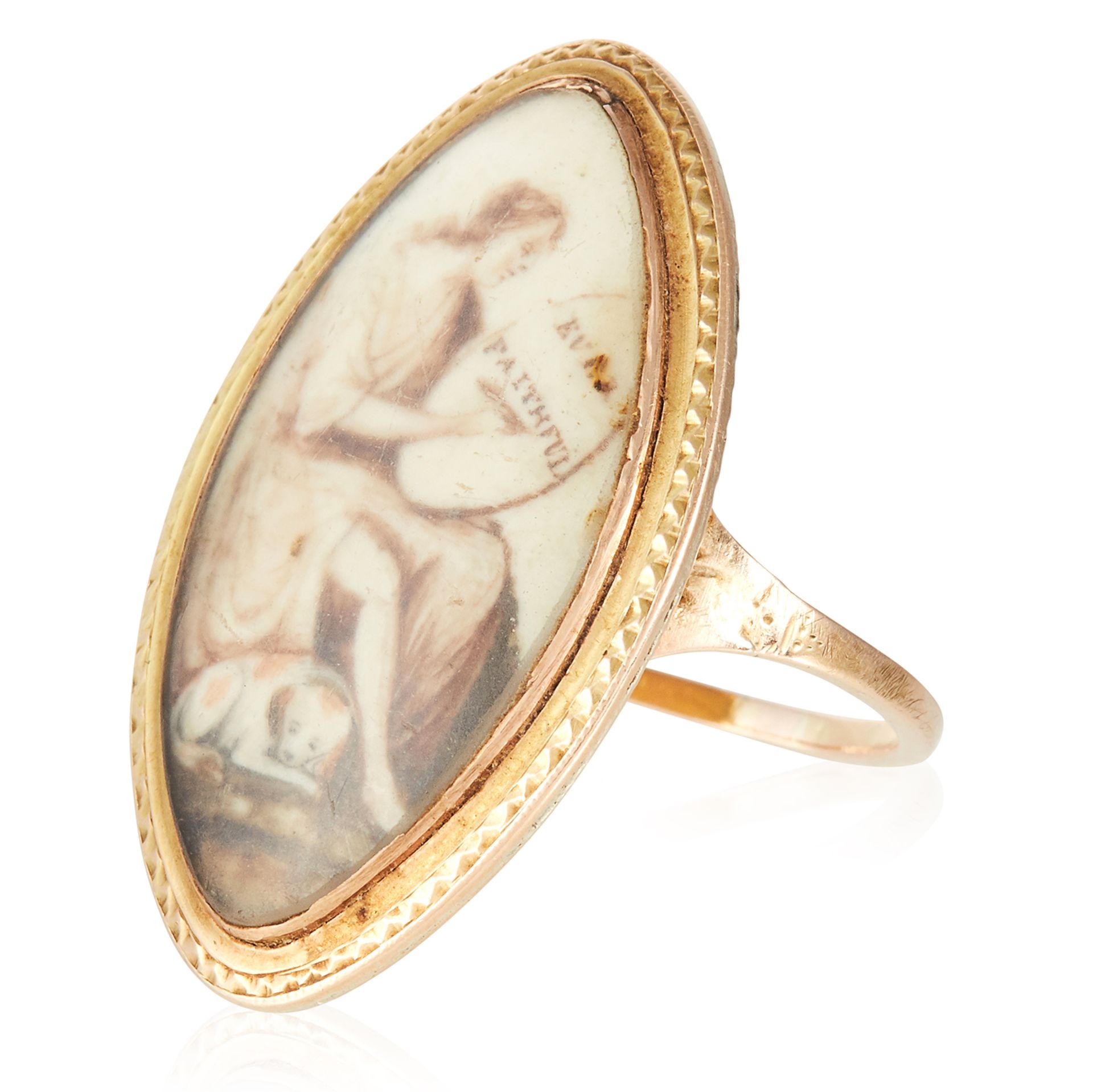 AN ANTIQUE PORTRAIT MINIATURE MOURNING RING, CIRCA 1780 in high carat yellow gold, of navette form - Bild 2 aus 2
