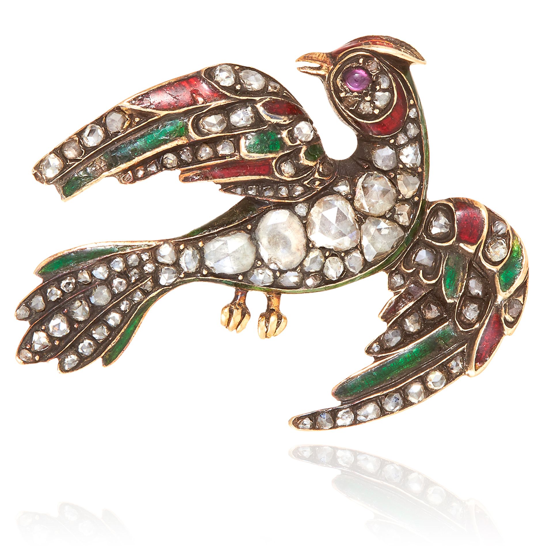 AN ANTIQUE RUBY, DIAMOND AND ENAMEL BIRD BROOCH in yellow gold, depicting a bird, the body set