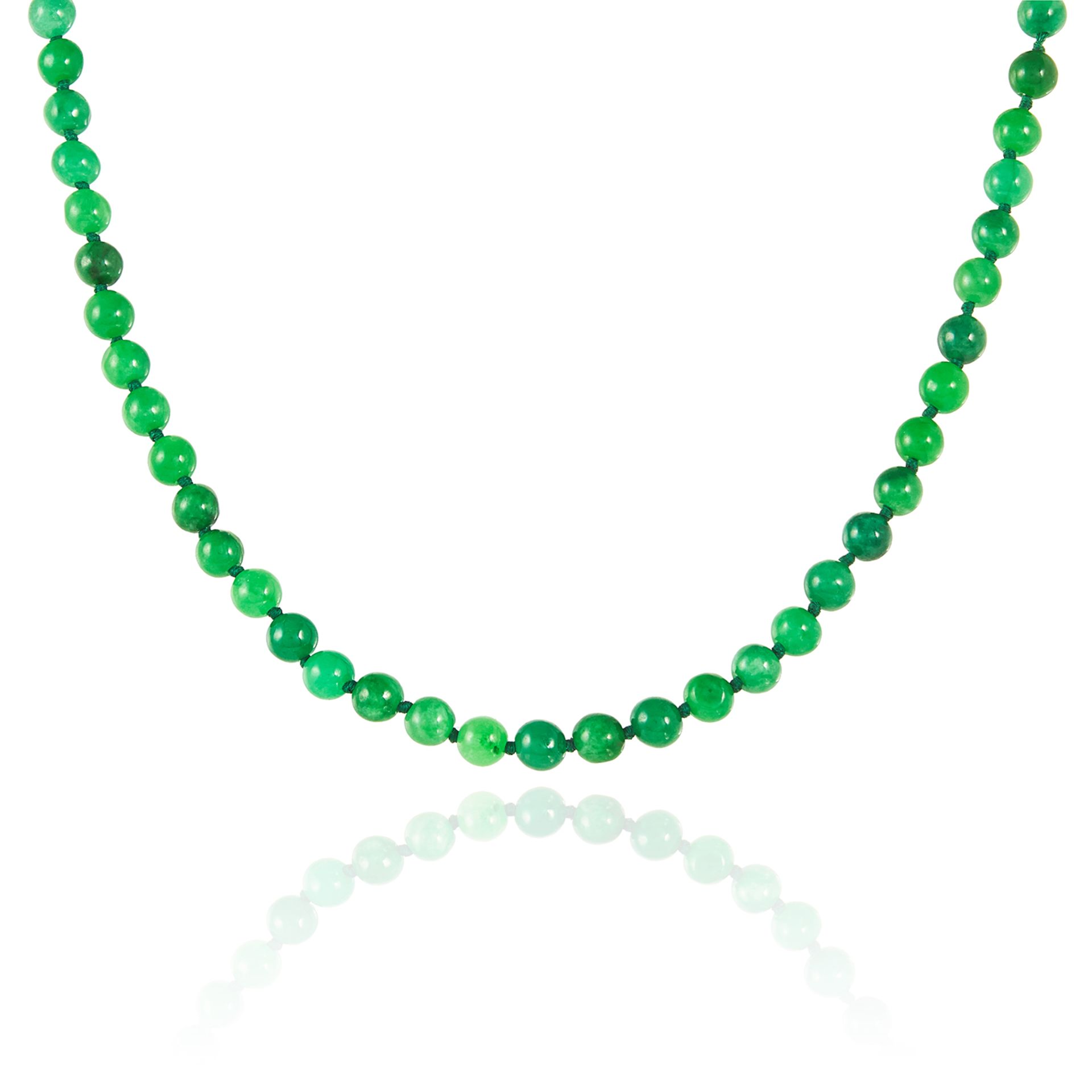 A JADE, PEARL AND DIAMOND BEAD NECKLACE in yellow gold, comprising of a single row of jade beads,