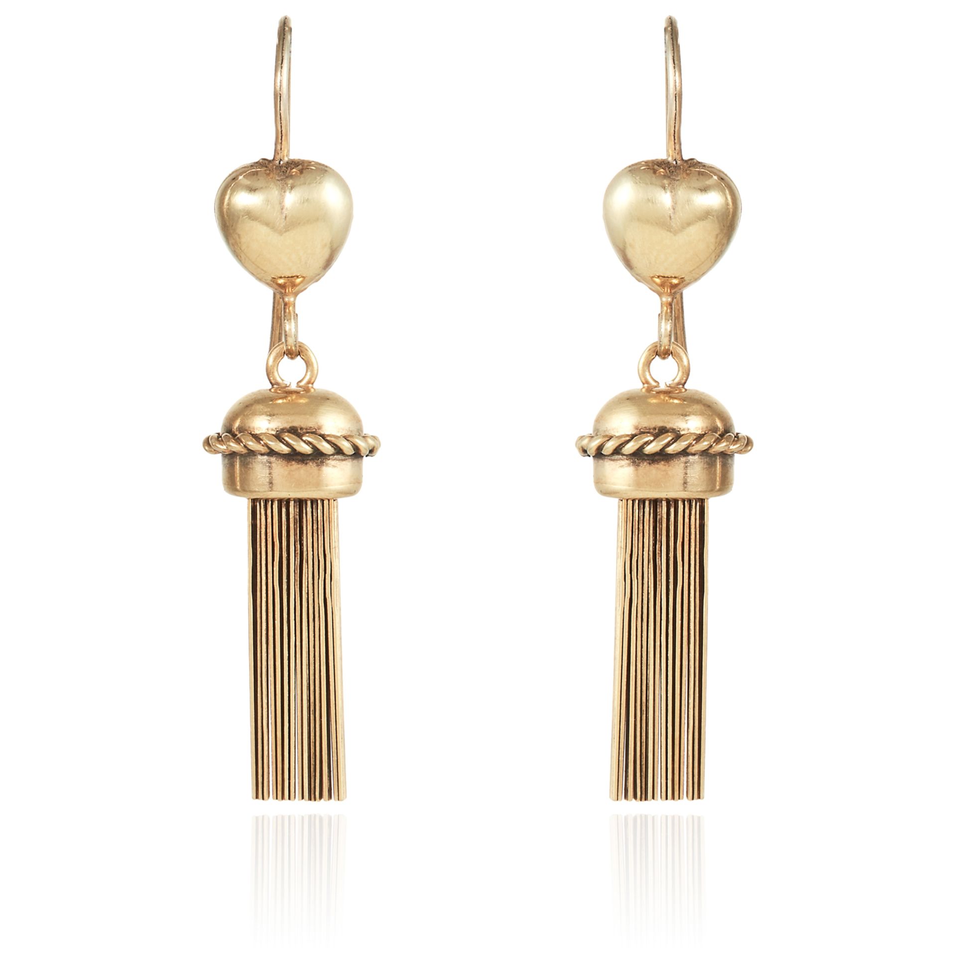 A PAIR OF ANTIQUE TASSEL DROP EARRINGS, 19TH CENTURY in yellow gold, each designed with a heart