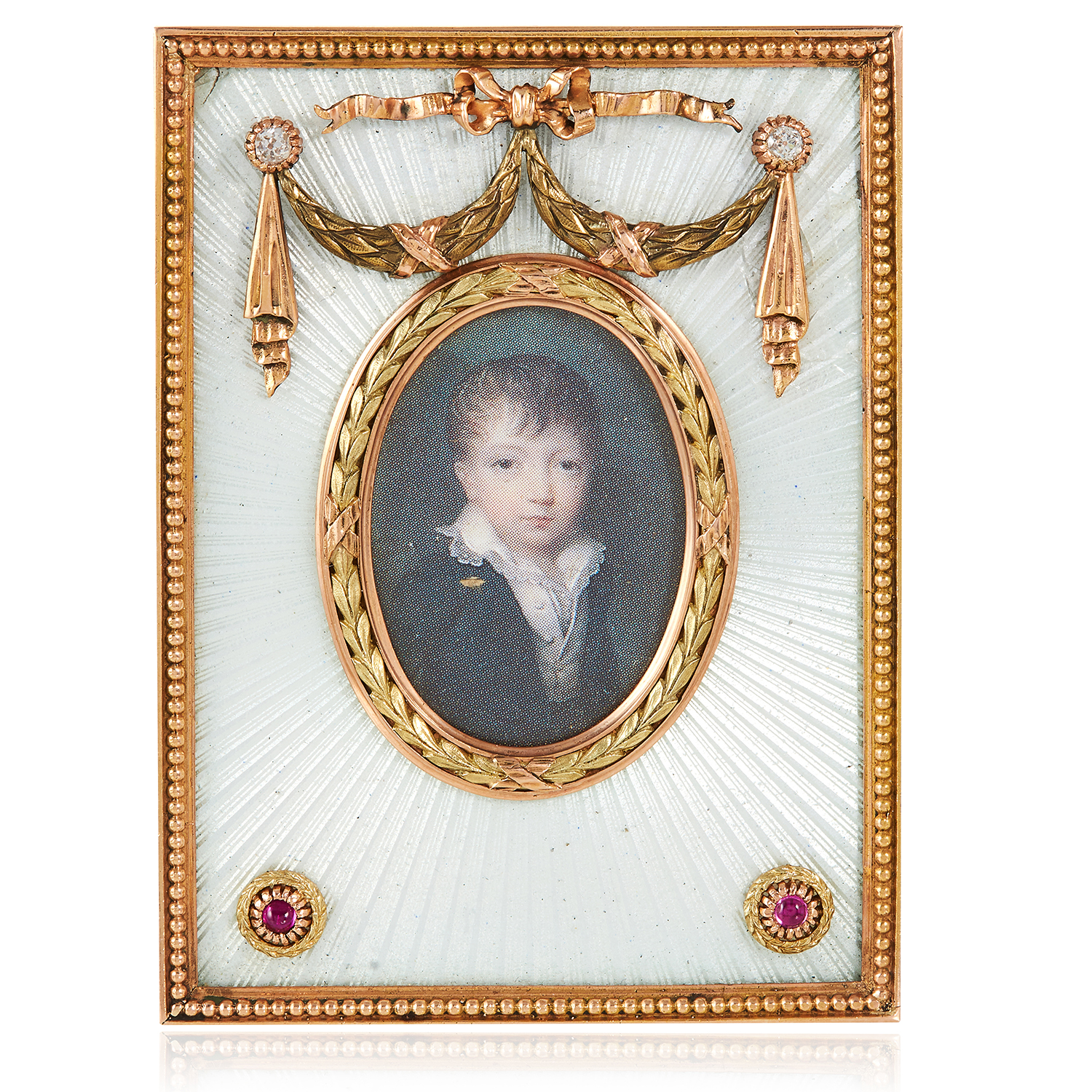 AN ANTIQUE RUBY, DIAMOND AND ENAMEL MINIATURE FRAME, HENRIK WIGSTROM FOR FABERGE, CIRCA 1905 in