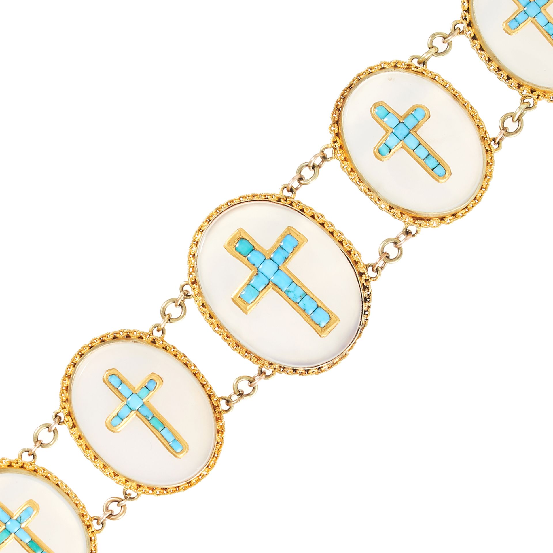 AN ANTIQUE TURQUOISE AND CHALCEDONY BRACELET, 19TH CENTURY in high carat yellow gold, comprising - Bild 2 aus 2