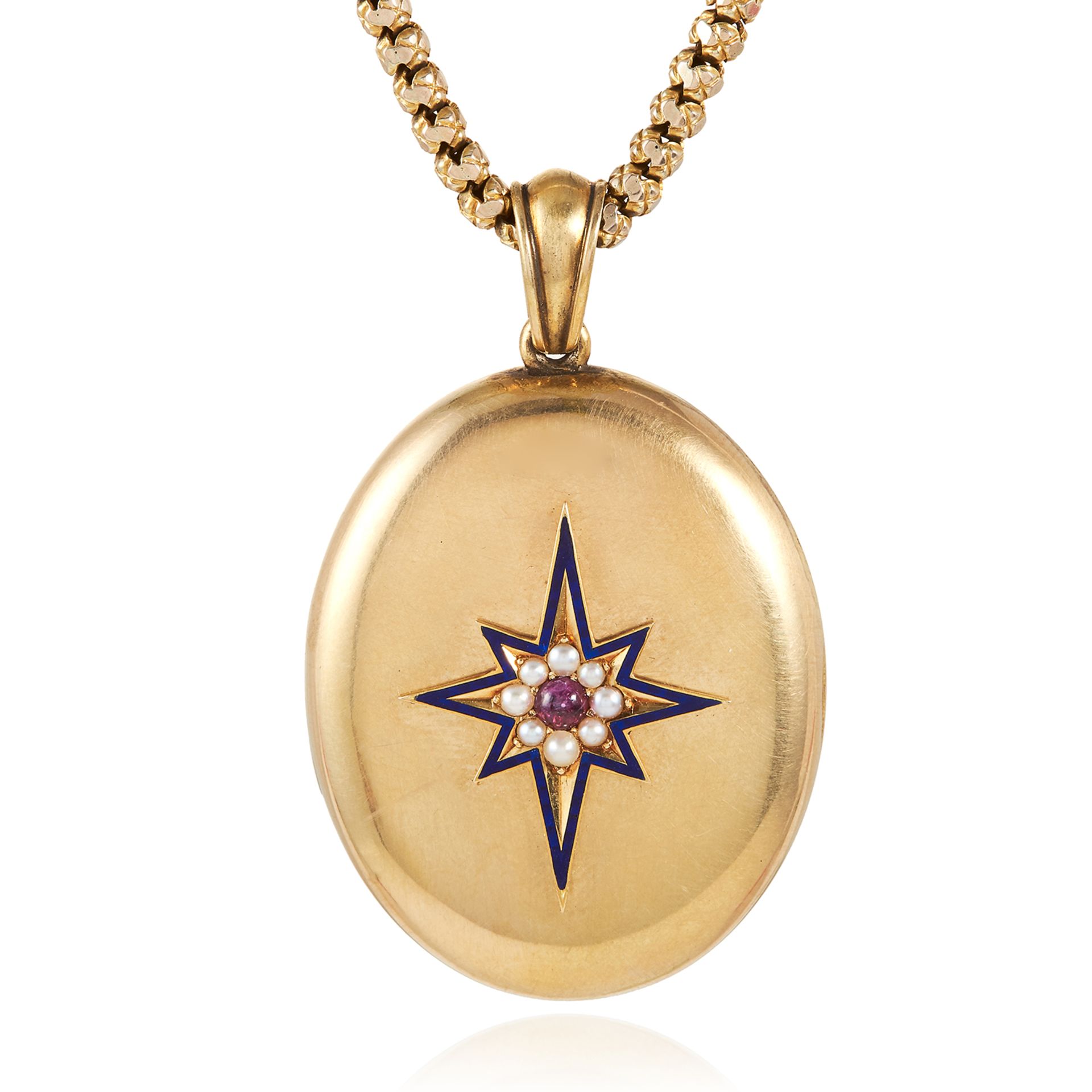 AN ANTIQUE GARNET, PEARL AND ENAMEL LOCKET in high carat yellow gold, set with a cabochon garnet,
