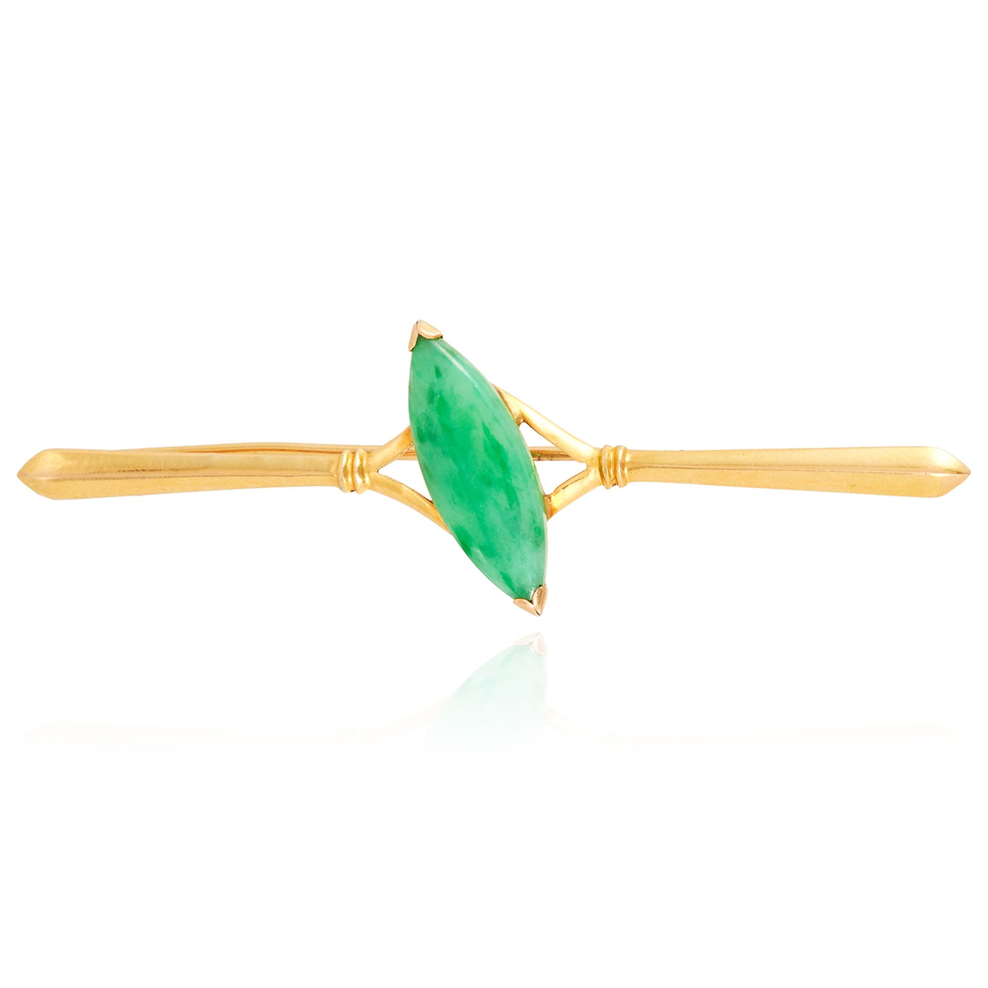 A JADE BAR BROOCH in yellow gold, comprising of a polished marquise jade, marked indistinctly,
